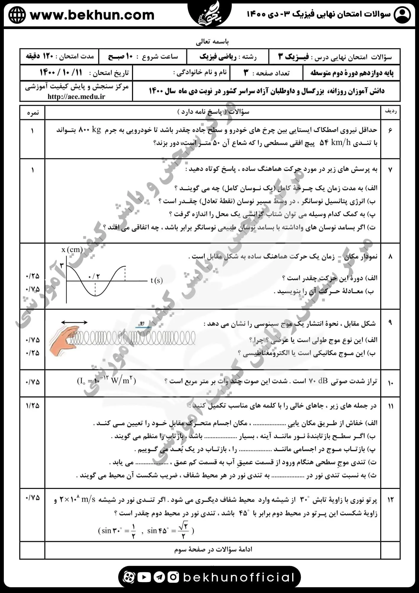 سوالات نهایی فیزیک دوازدهم ریاضی دی ماه 1400