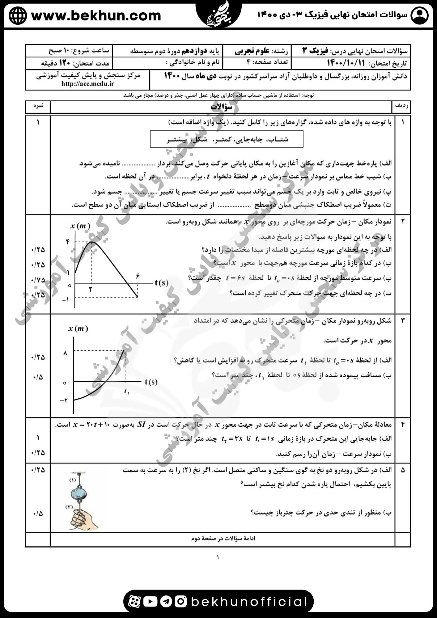 نمونه سوالات نهایی فیزیک دوازدهم تجربی با جواب 125 دانلود سوال های نهایی فیزیک دوازدهم تجربی دی ماه 1400 با پاسخنامه