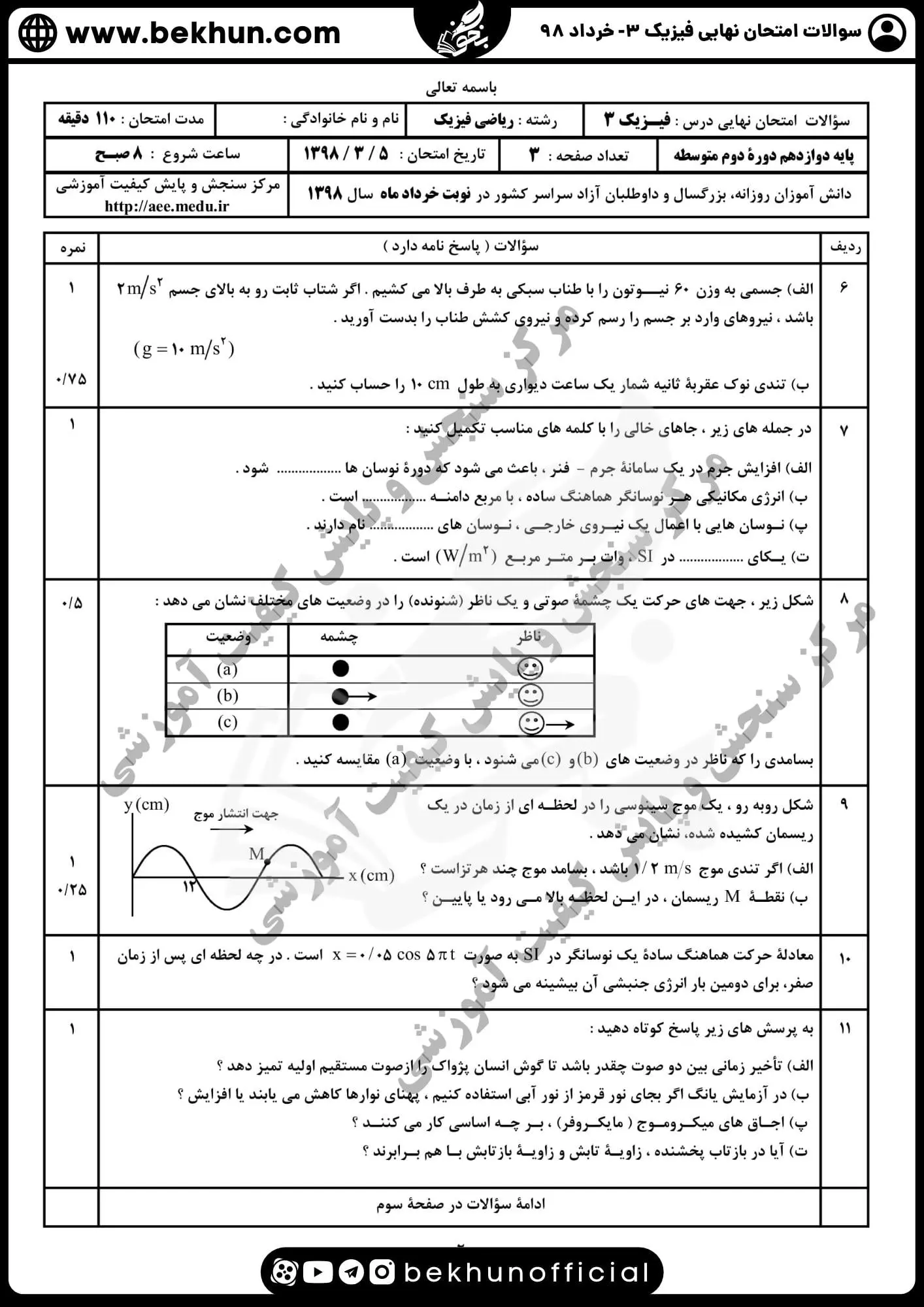 دانلود سوالات نهایی فیزیک دوازدهم ریاضی خرداد ماه 98 با پاسخنامه