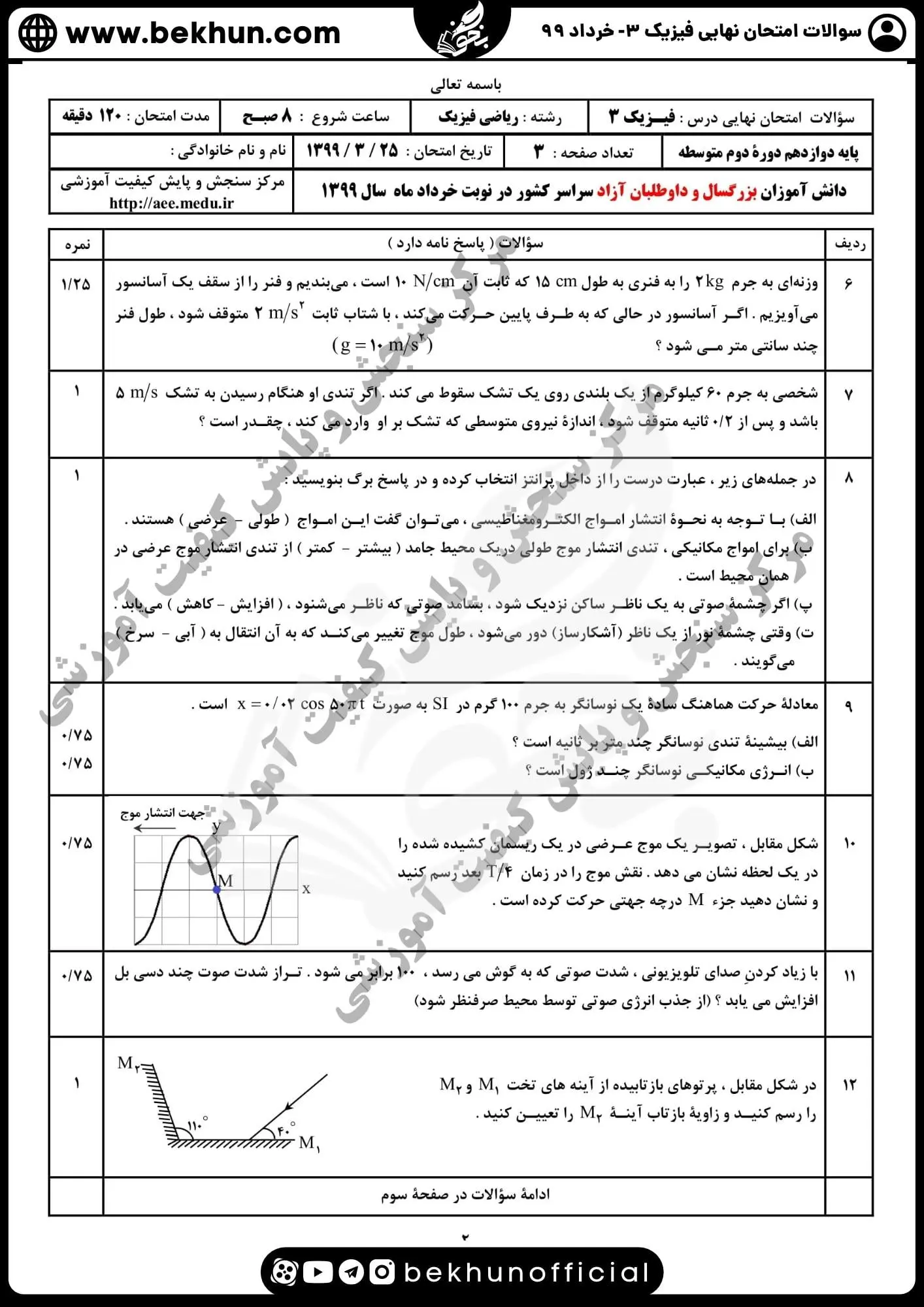 سوالات امتحان نهایی فیزیک دوازدهم ریاضی خرداد 99 با پاسخنامه