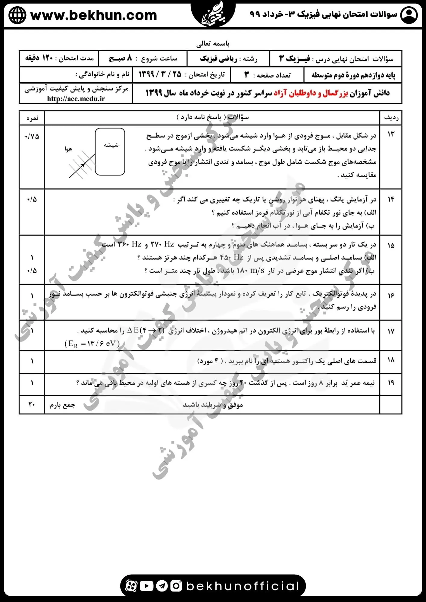دانلود سوالات امتحان نهایی فیزیک دوازدهم ریاضی خرداد 99 با پاسخنامه