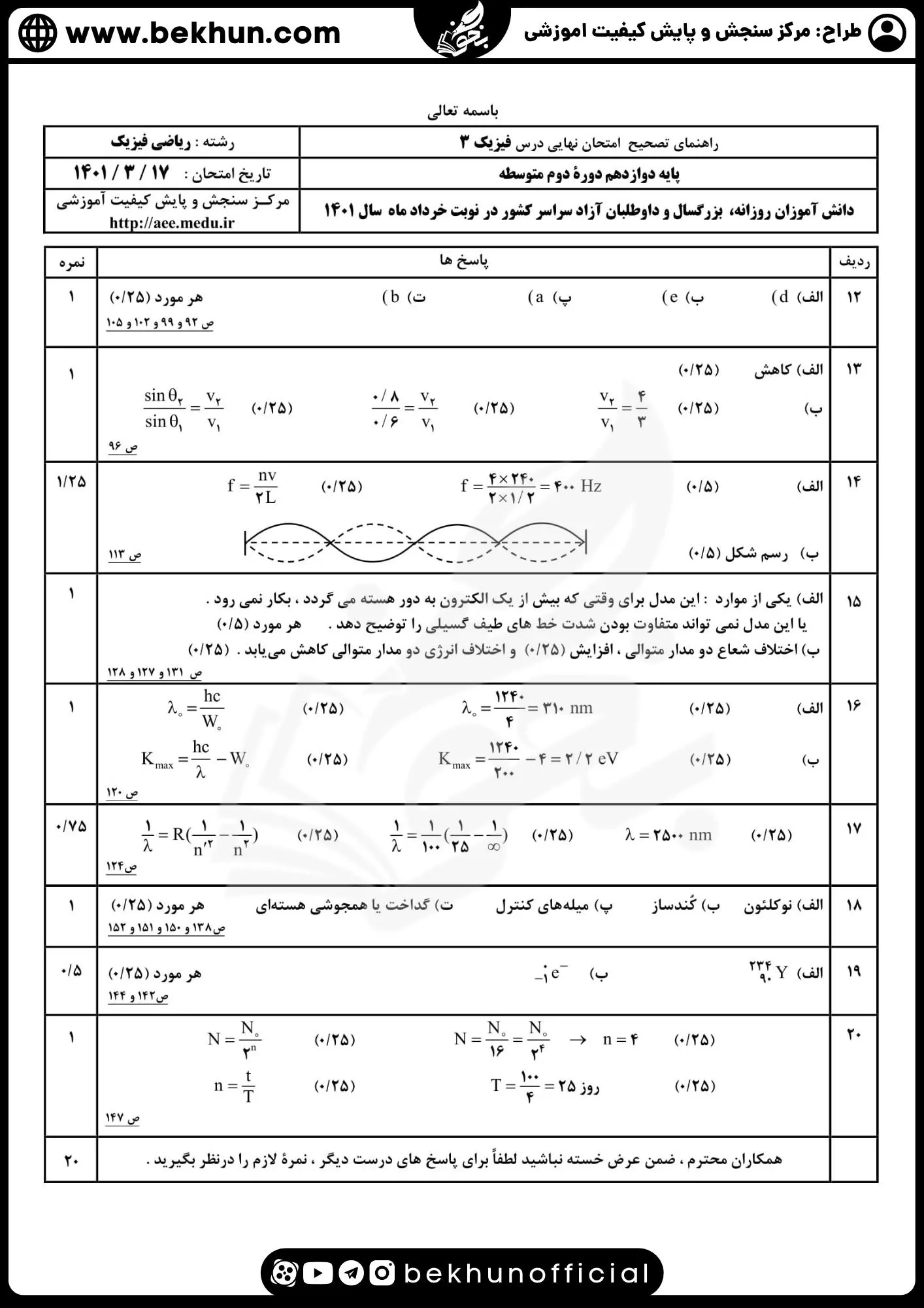 پاسخنامه امتحان نهایی فیزیک دوازدهم ریاضی 1401