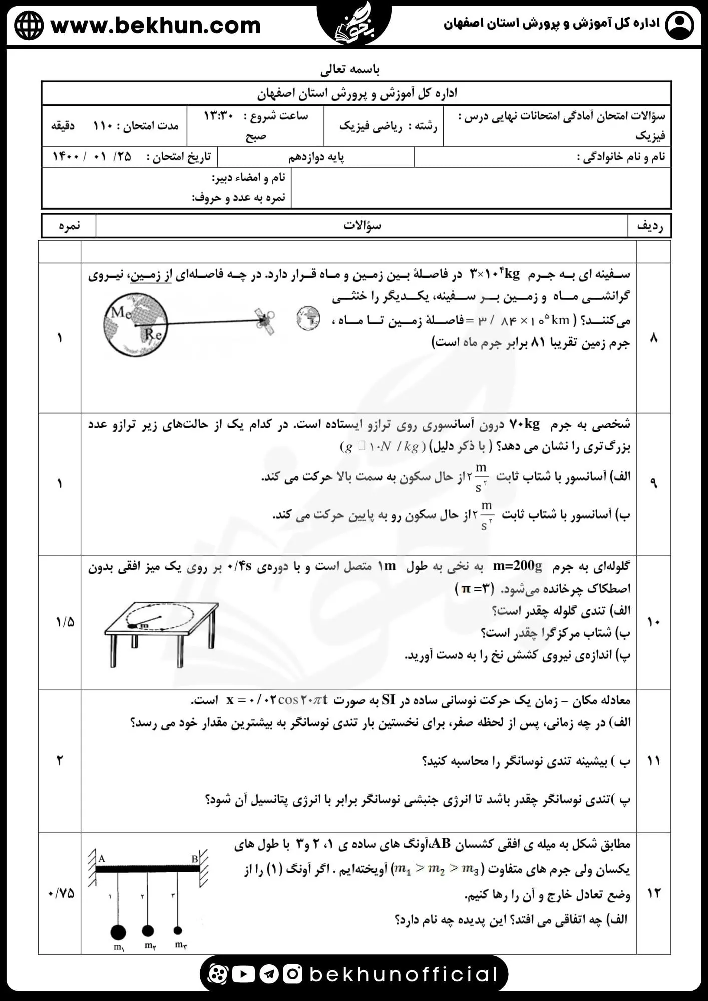 دانلود نمونه سوالات تالیفی فیزیک دوازدهم ریاضی با جواب نوبت دوم