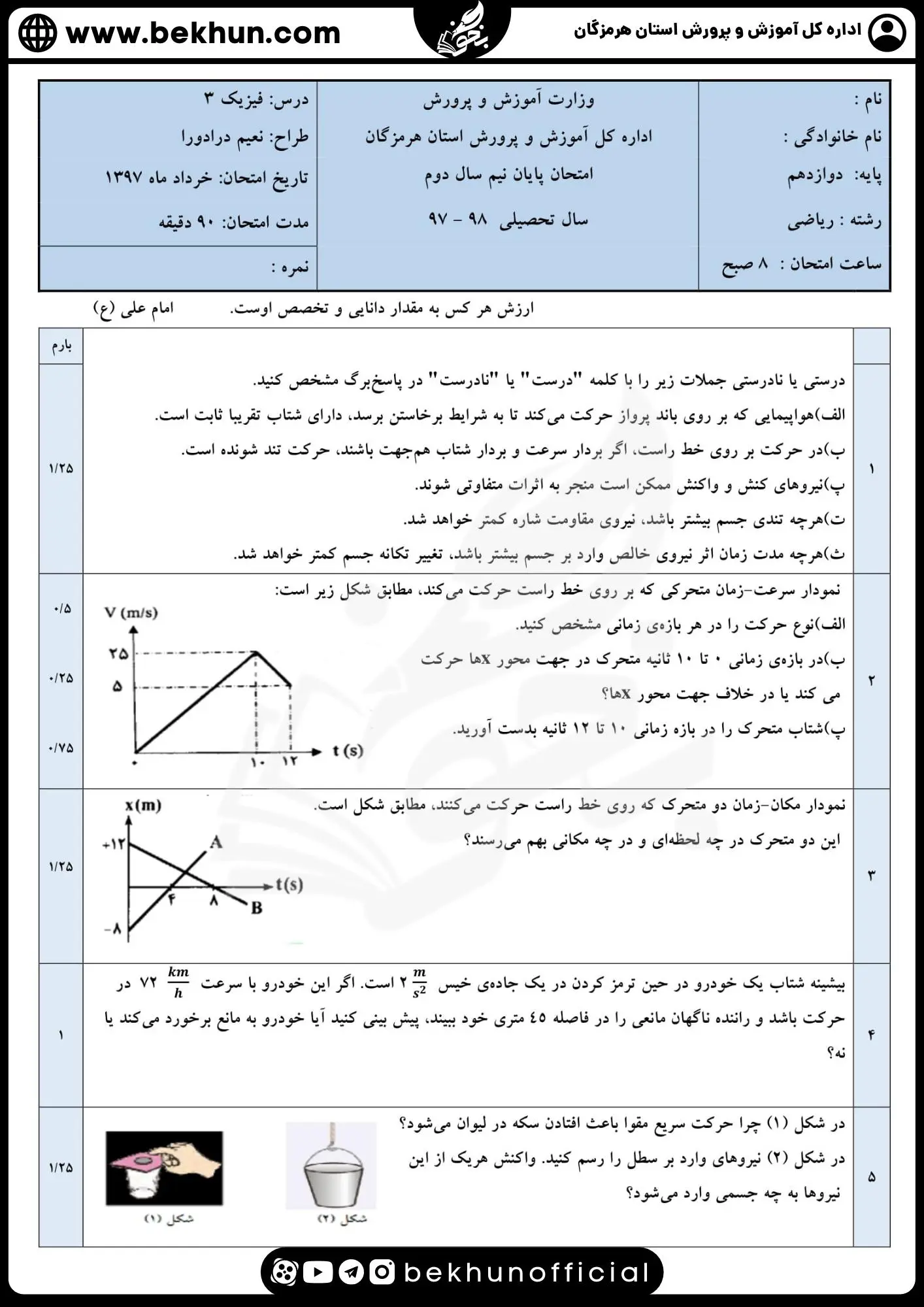 دانلود نمونه سوالات نهایی فیزیک دوازدهم ریاضی نعیم درادورا