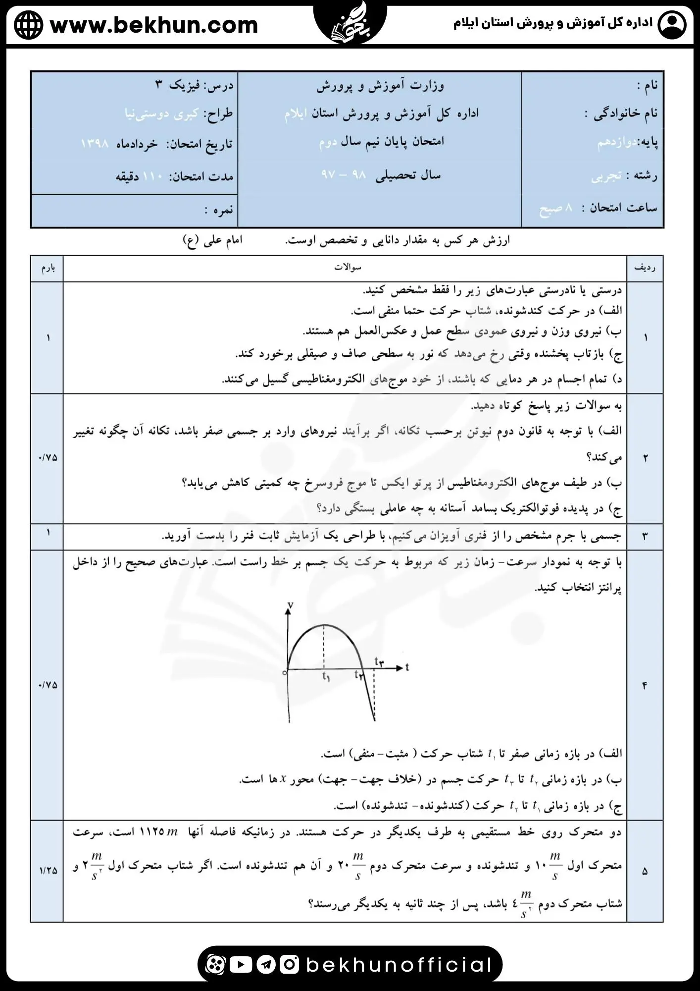 نمونه سوالات نهایی فیزیک دوازدهم تجربی با جواب 88 دانلود نمونه سوال نهایی فیزیک دوازدهم با پاسخنامه