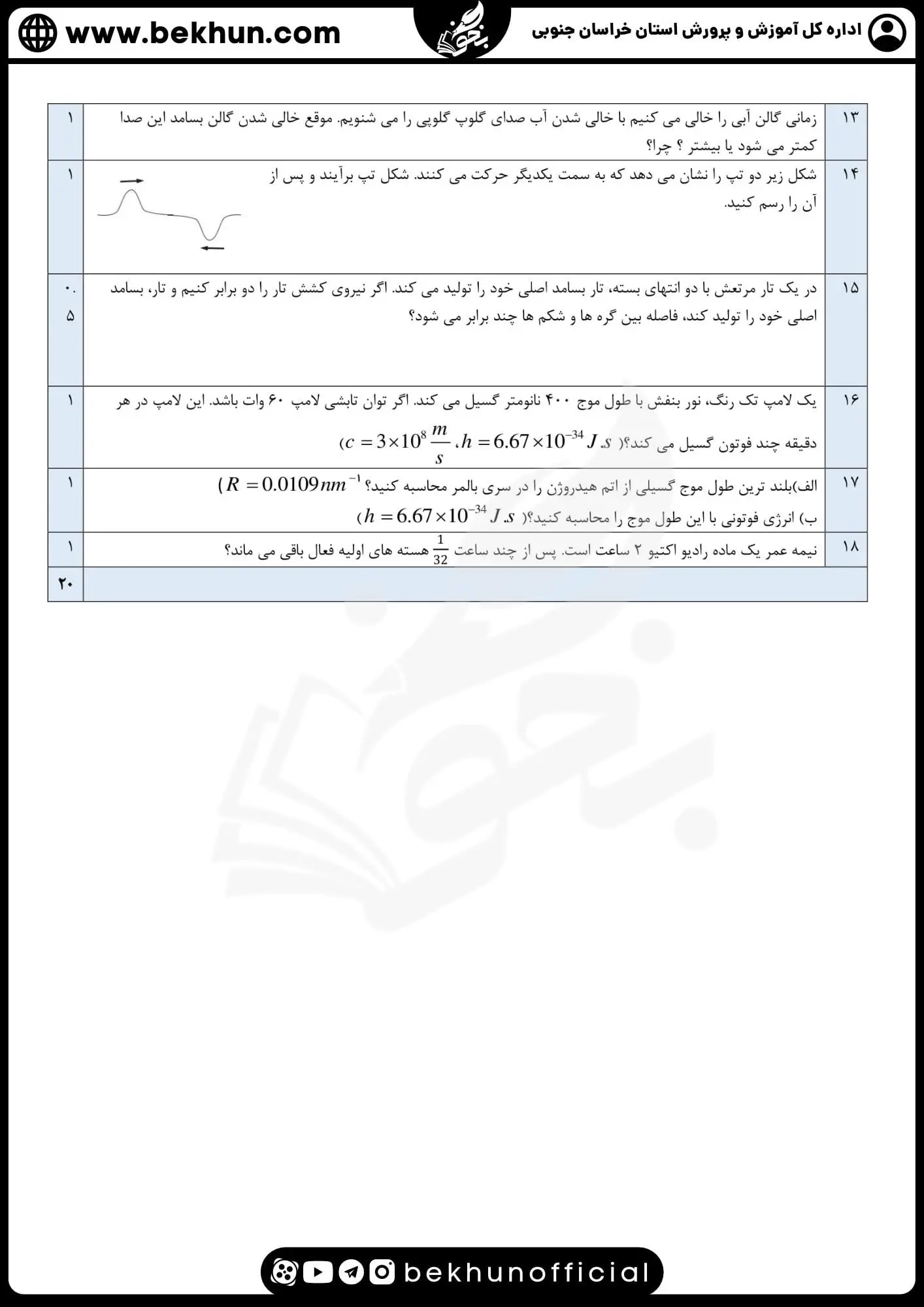 دانلود نمونه سوالات امتحان فیزیک دوازدهم ریاضی محمود یعقوبیان