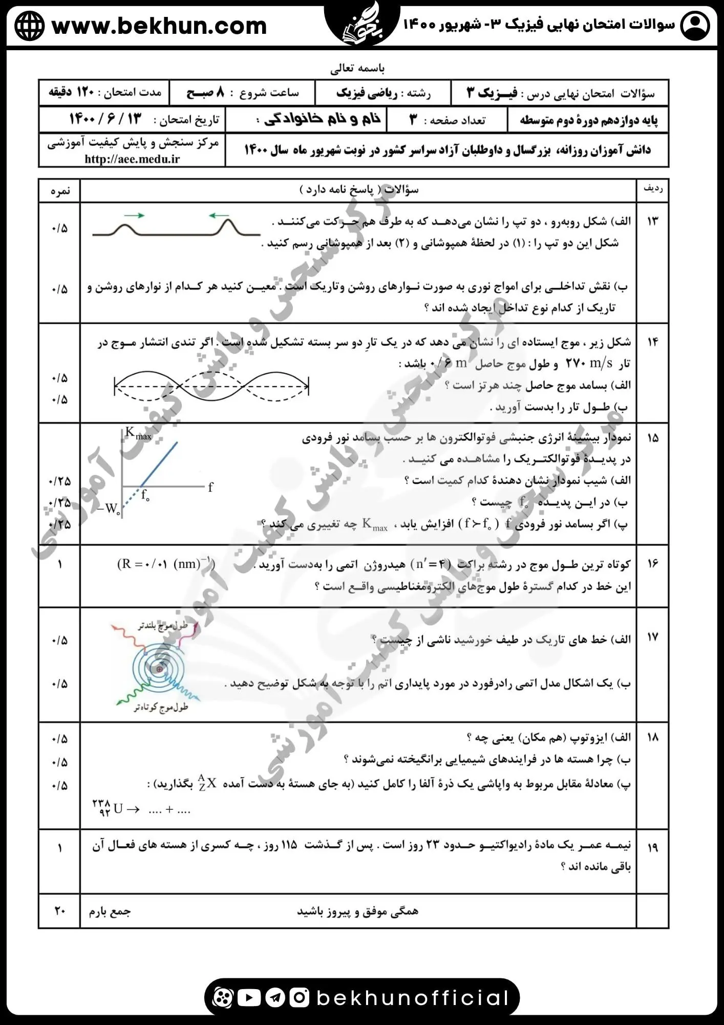 دانلود نمونه سوالات نهایی فیزیک دوازدهم ریاضی شهریور ۱۴۰۰ با جواب