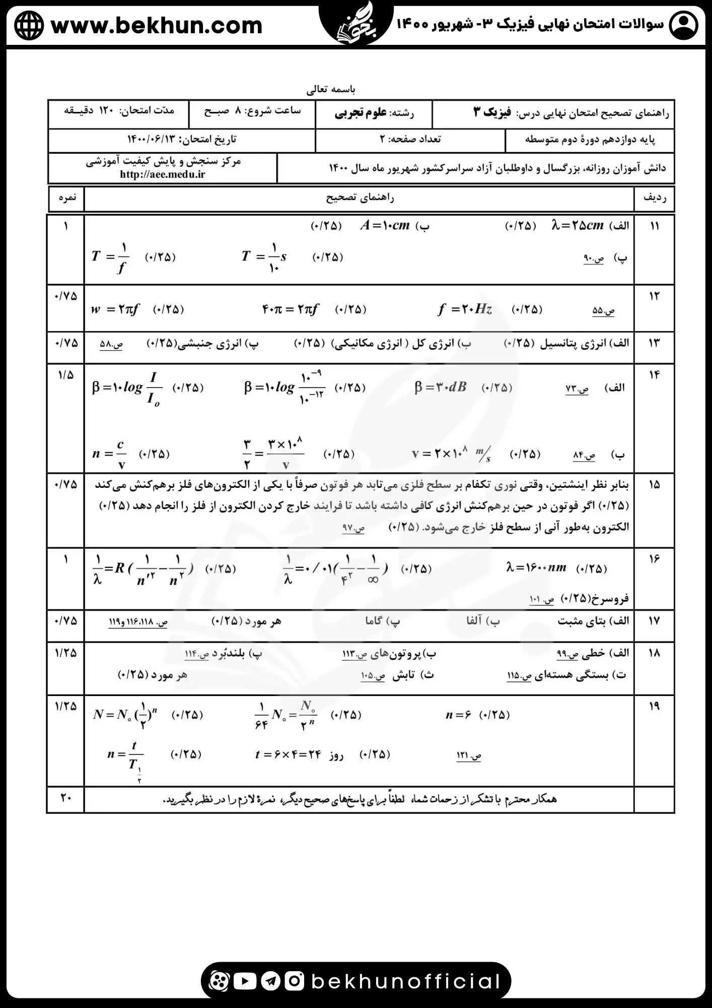 نمونه سوالات نهایی فیزیک دوازدهم تجربی با جواب 124 دانلود جواب نمونه سوال نهایی فیزیک 12 شهریور 1400 همراه پاسخنامه