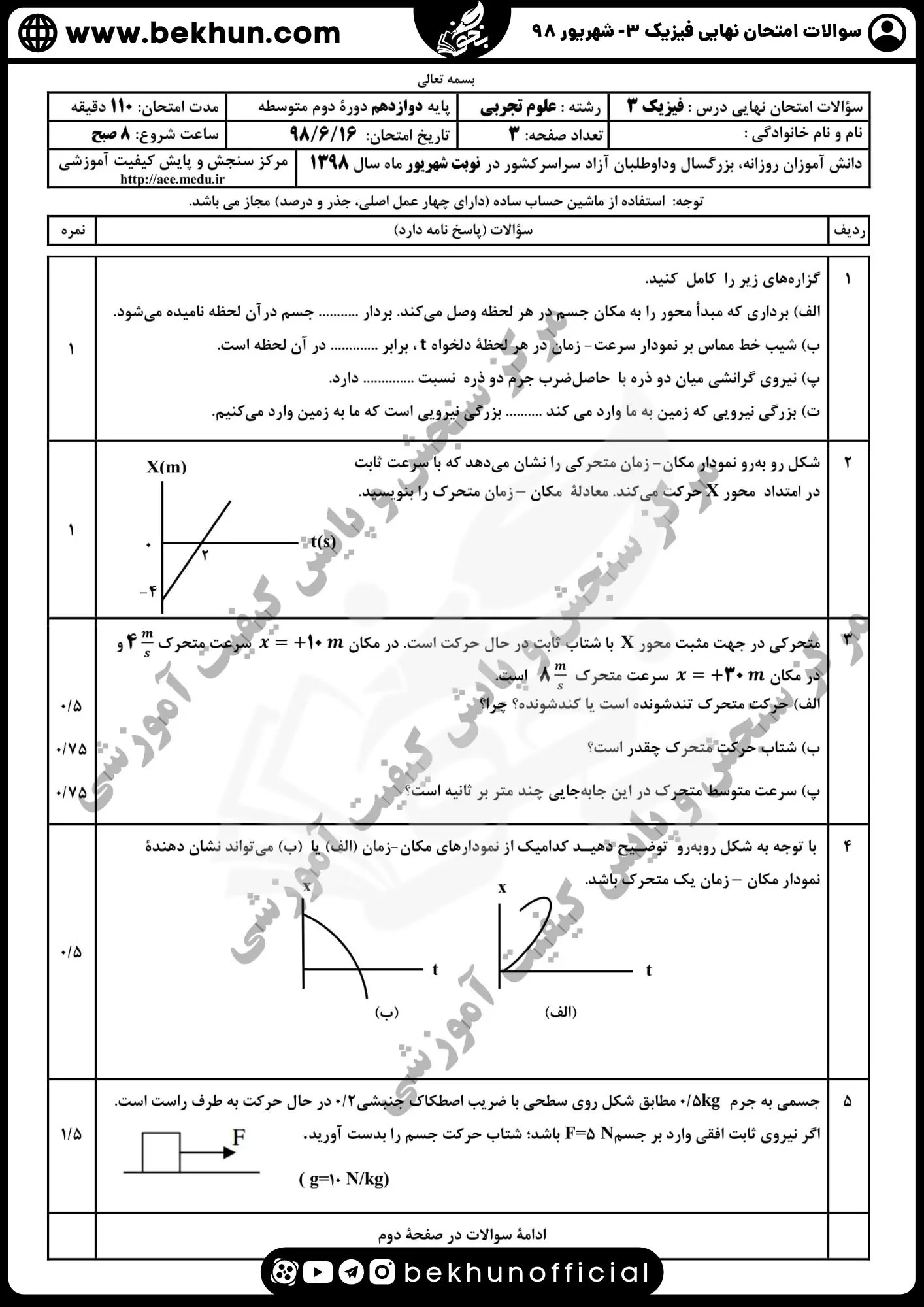 نمونه سوالات نهایی فیزیک دوازدهم تجربی با جواب 153 دانلود سوالات نهایی فیزیک دوازدهم تجربی شهریور 98 با جواب
