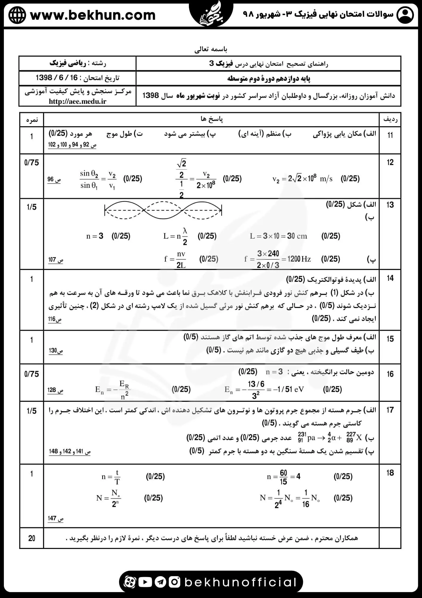 دانلود سوالات امتحان نهایی فیزیک دوازدهم ریاضی شهریور 98