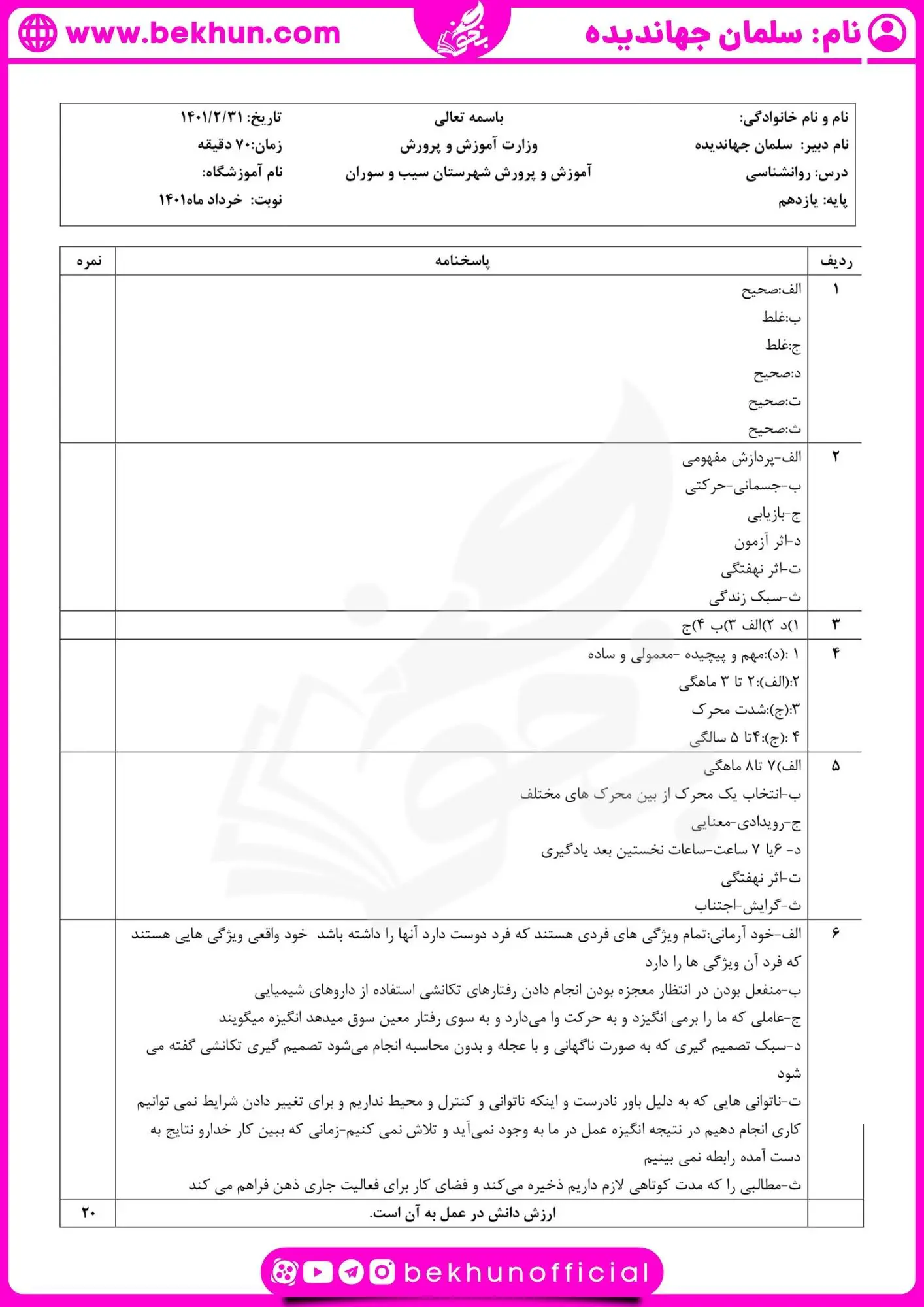 دانلود نمونه سوال روانشناسی یازدهم نوبت دوم 