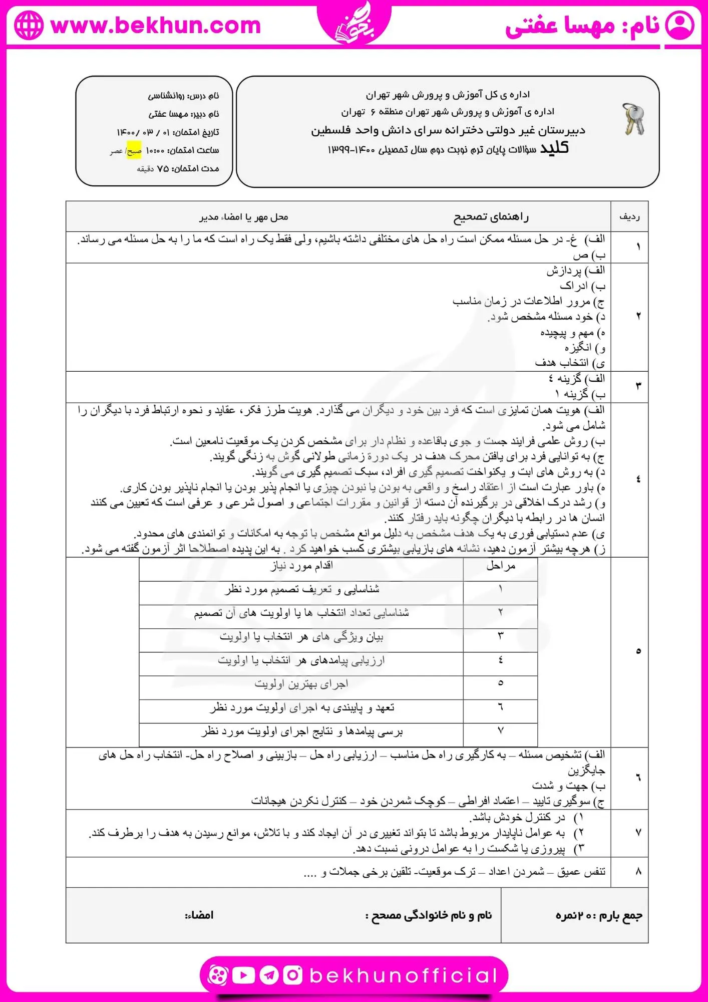 امتحان خرداد ماه روانشناسی یازدهم