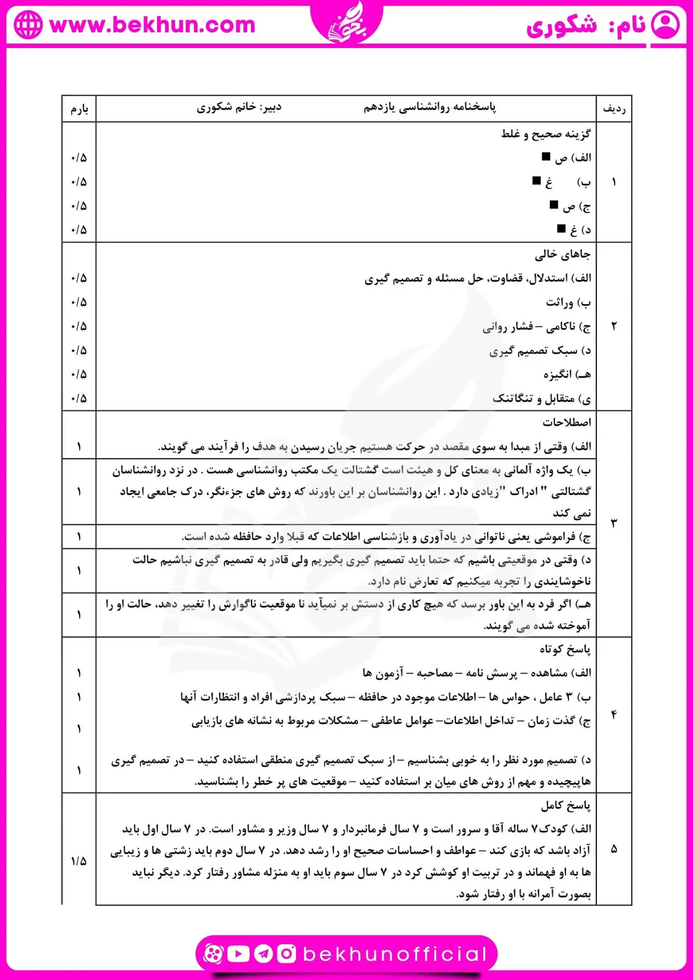 دانلود نمونه سوالات نوبت دوم روانشناسی یازدهم با جواب