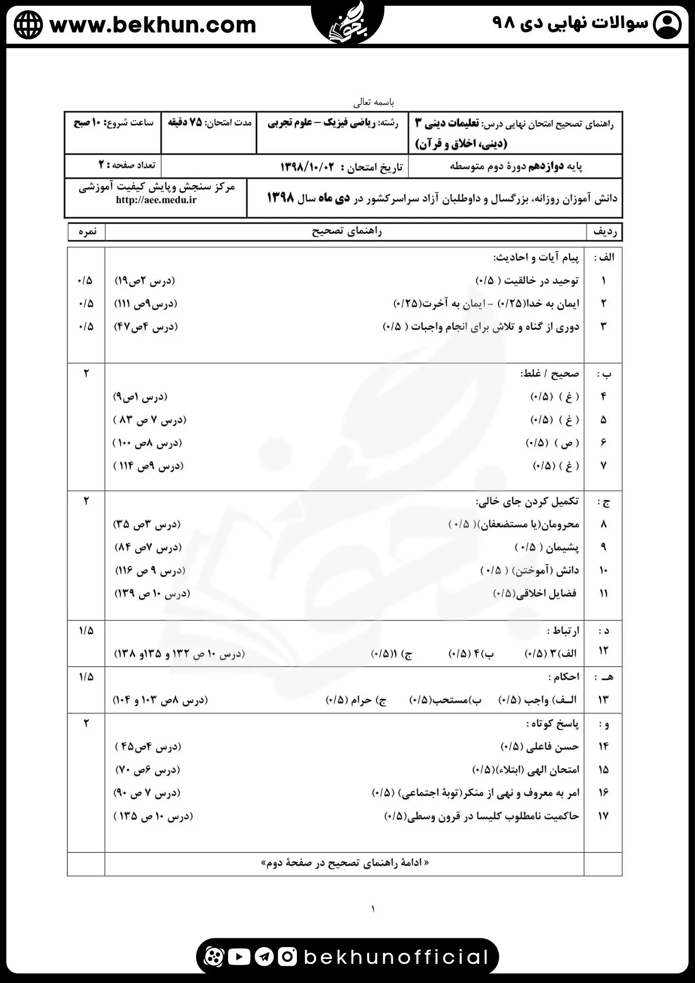 نمونه سوالات نهایی دینی دوازدهم با جواب 112 پاسخ سوالات نهایی دینی دوازدهم تجربی دی 98