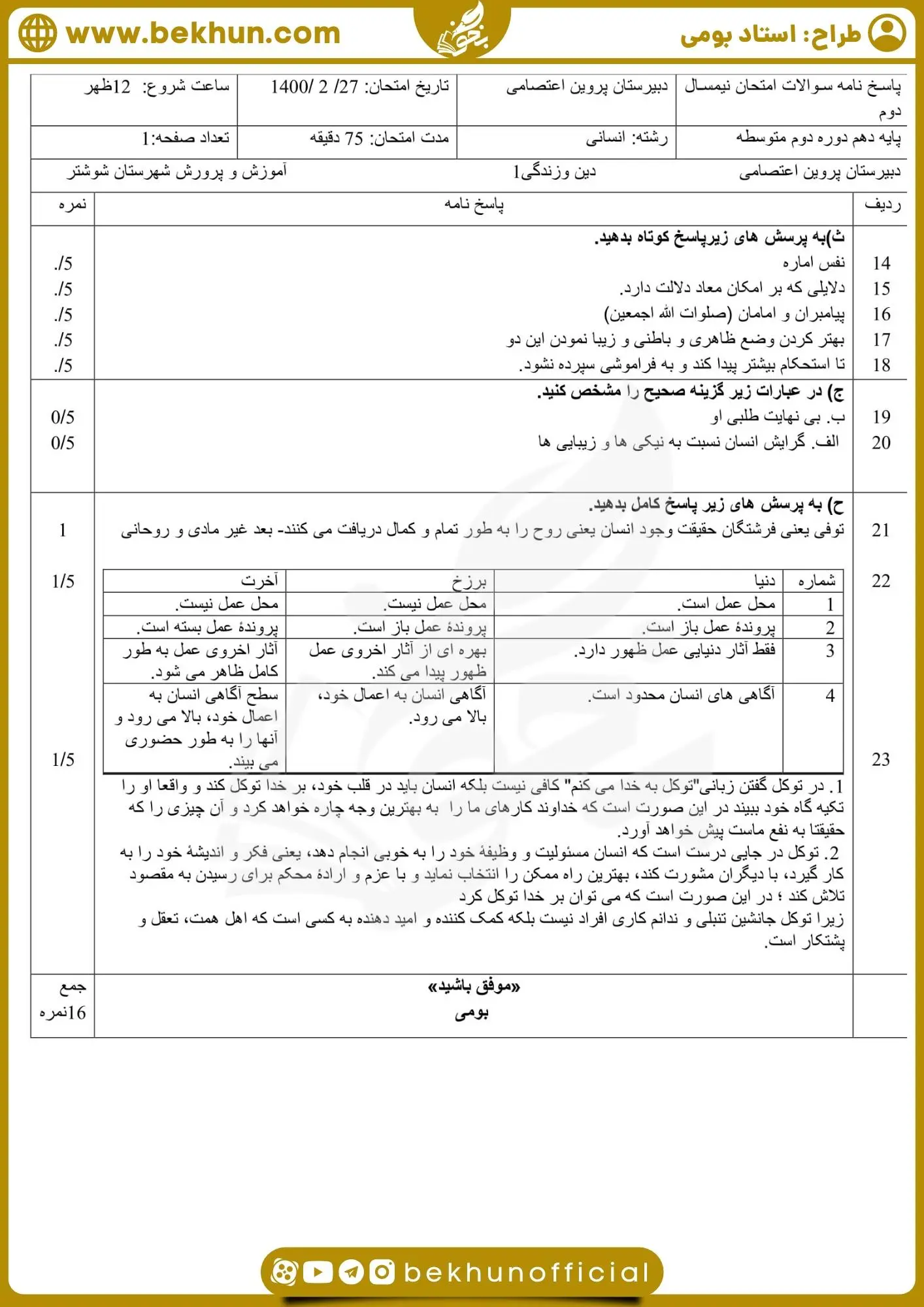 نمونه سوال نوبت دوم دینی دهم انسانی 