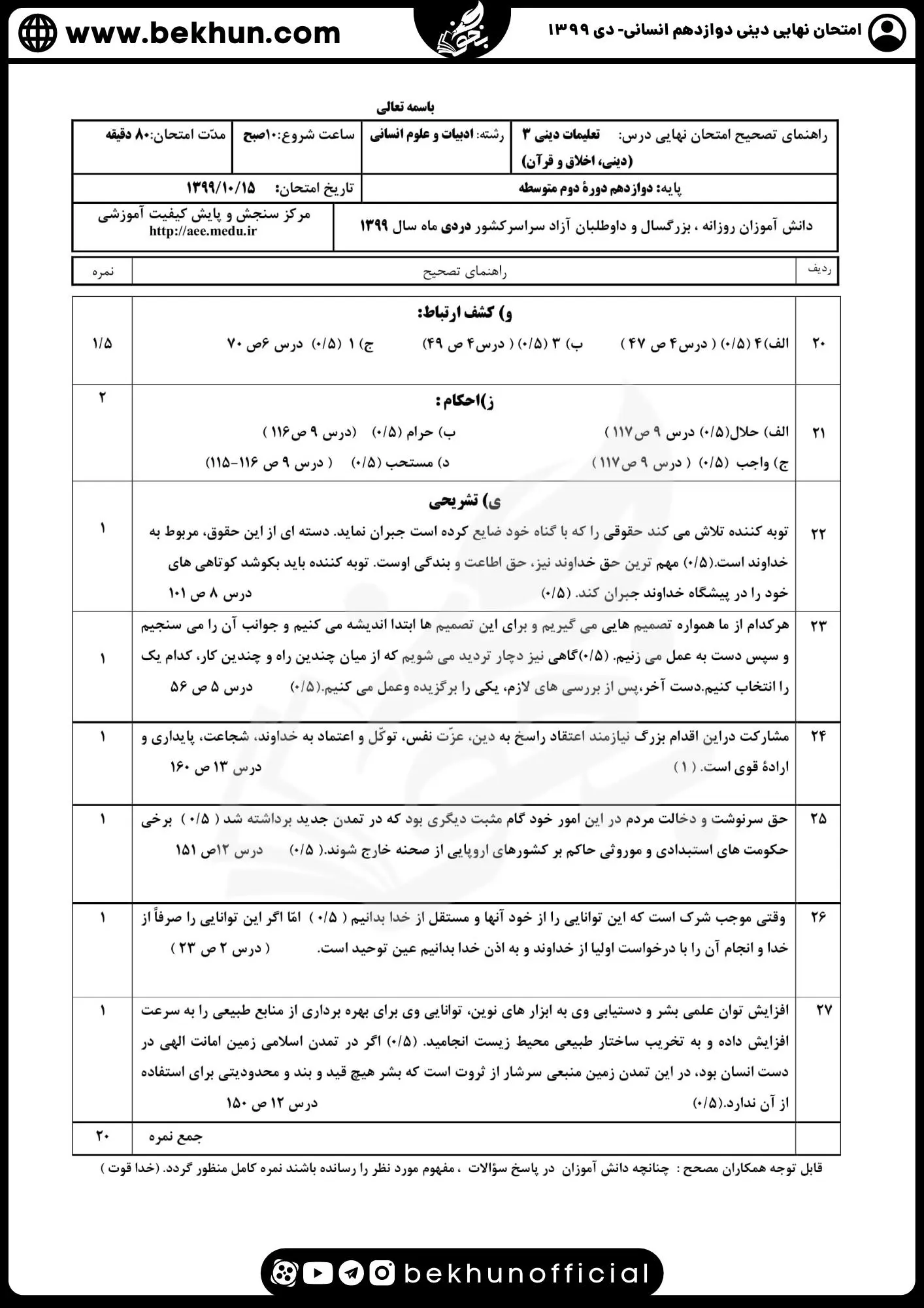 نمونه سوالات نهایی دینی دوازدهم انسانی با جواب 102 پاسخنامه نمونه سوال دینی دوازدهم انسانی نهایی 1399