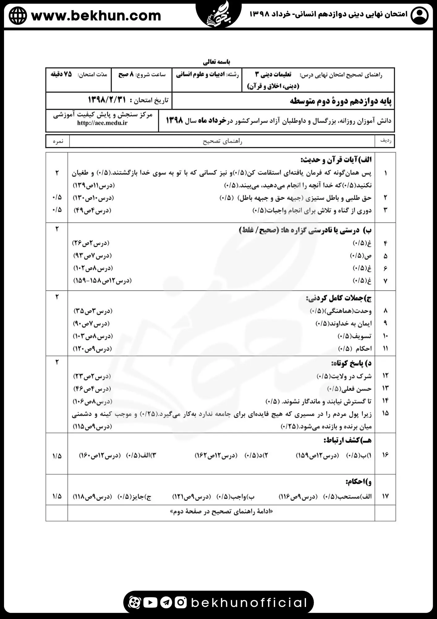 نمونه سوالات نهایی دینی دوازدهم انسانی با جواب 121 دانلود جواب سوال نهایی دینی دوازدهم انسانی خرداد 98