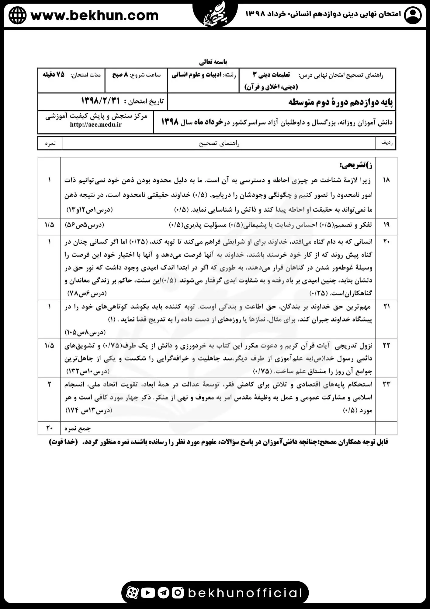 نمونه سوالات نهایی دینی دوازدهم انسانی با جواب 122 پاسخنامه سوالات نهایی دینی دوازدهم انسانی