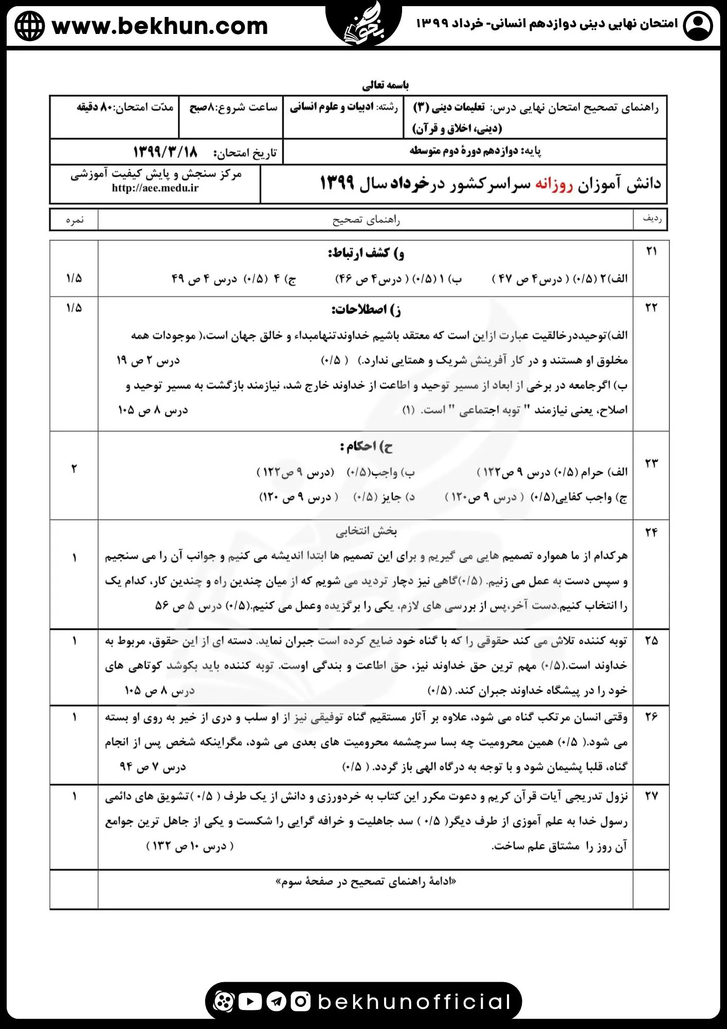 نمونه سوالات نهایی دینی دوازدهم انسانی با جواب 107 دانلود پاسخنامه سوالات نهایی دینی دوازدهم انسانی 1399