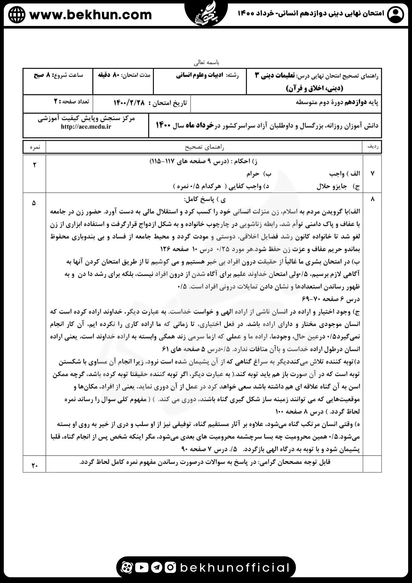 نمونه سوالات نهایی دینی دوازدهم انسانی با جواب 94 پاسخنامه نمونه سوالات دینی دوازدهم انسانی خرداد 1400