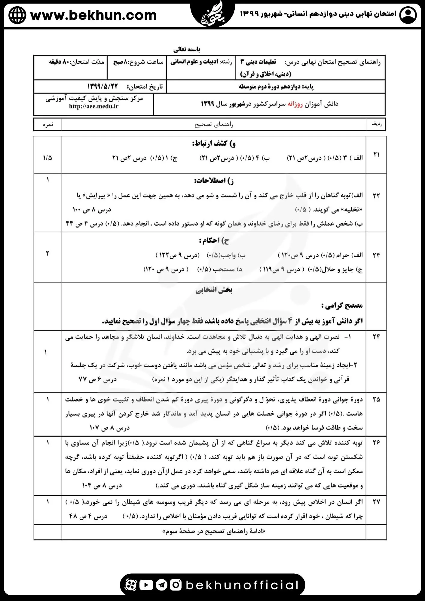 نمونه سوالات نهایی دینی دوازدهم انسانی با جواب 113 دانلود پاسخ سوالات نهایی دینی دوازدهم انسانی شهریور1399