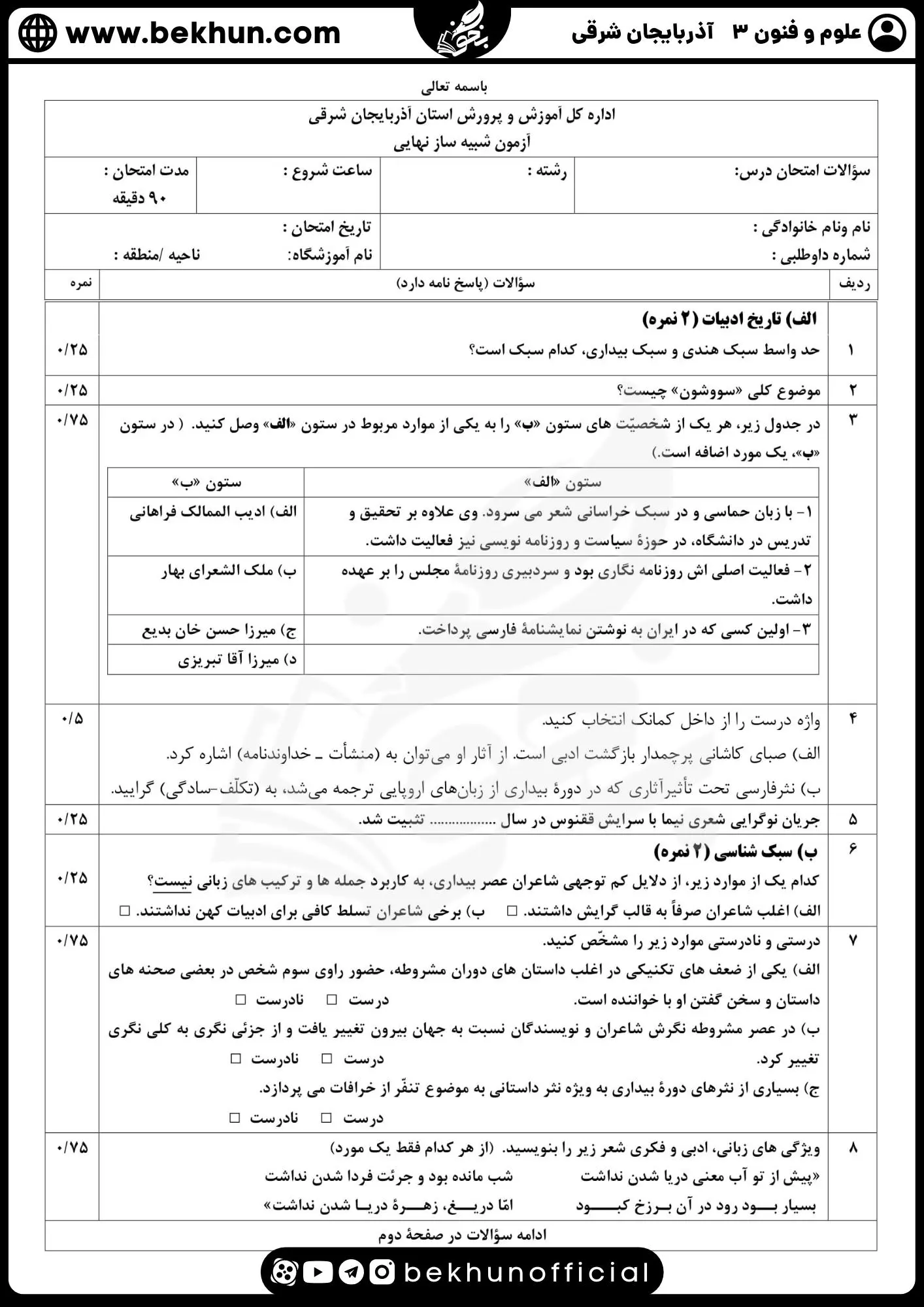 نمونه سوالات نهایی علوم و فنون دوازدهم انسانی 95 نمونه سوالات نوبت دوم علوم و فنون ادبی دوازدهم انسانی