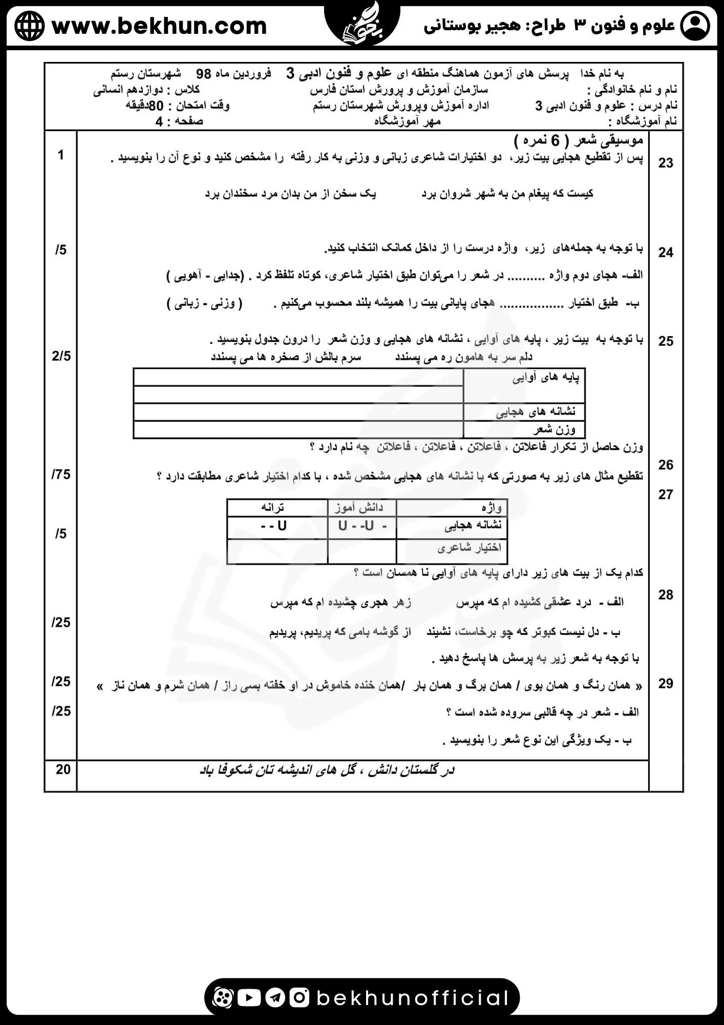 نمونه سوالات نهایی علوم و فنون دوازدهم انسانی 119 سوالات امتحان علوم و فنون دوازدهم نوبت دوم