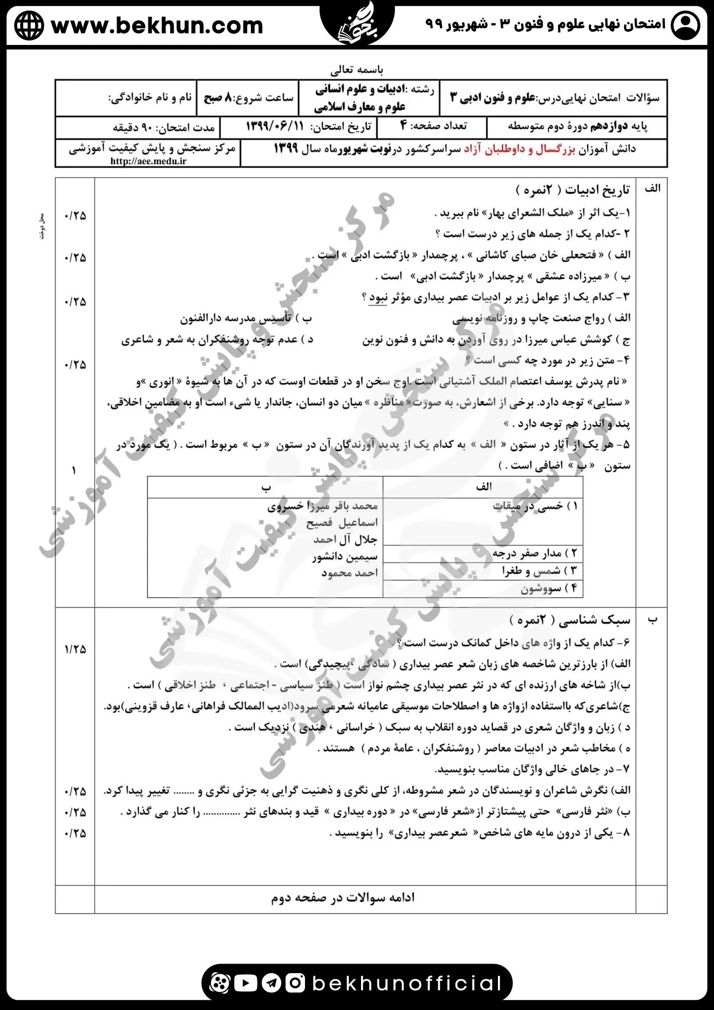 نمونه سوالات نهایی علوم و فنون دوازدهم انسانی 159 دانلود سوالات نهایی علوم و فنون دوازدهم شهریور ۹۹