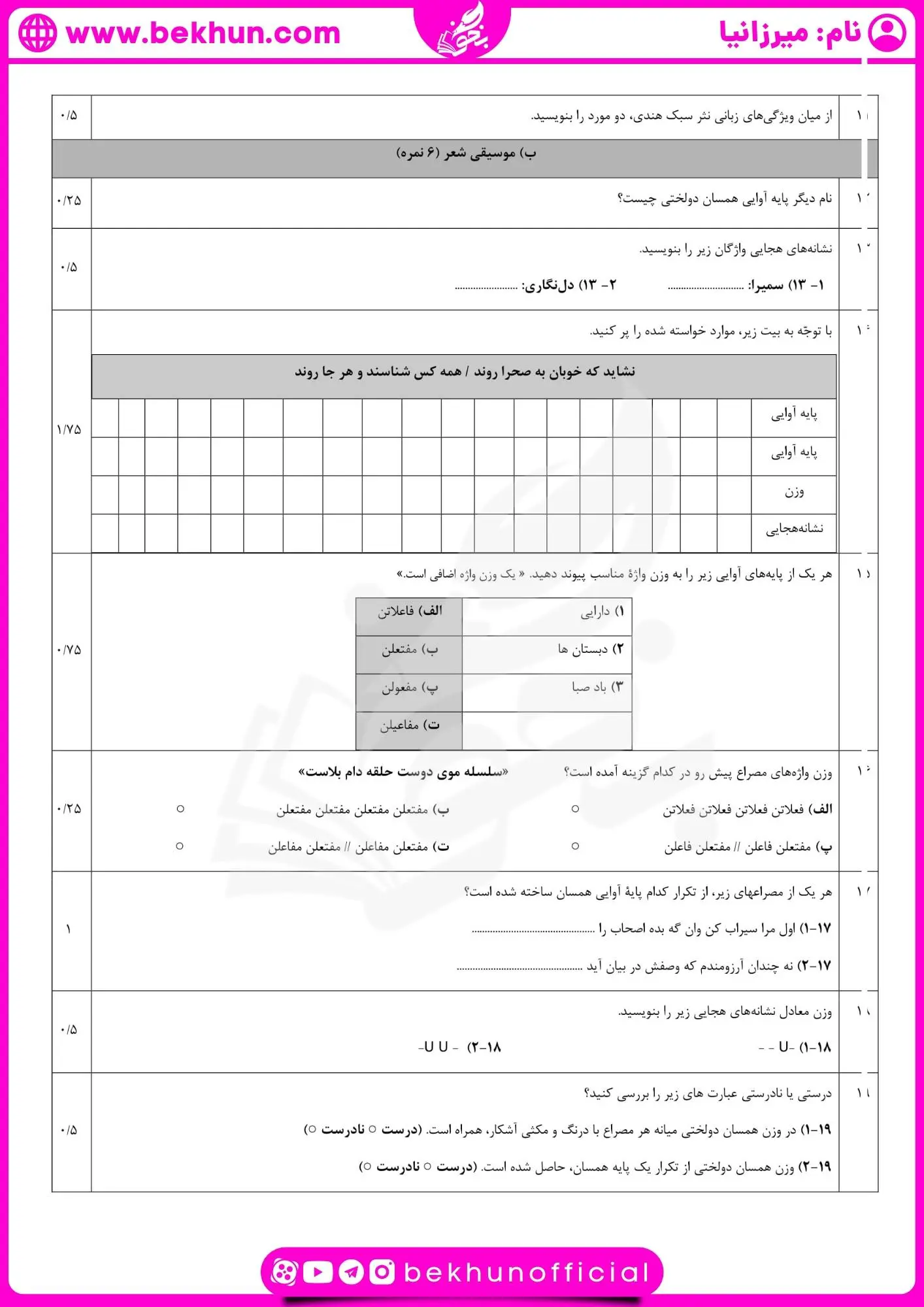 امتحان علوم و فنون یازدهم شهریور ماه