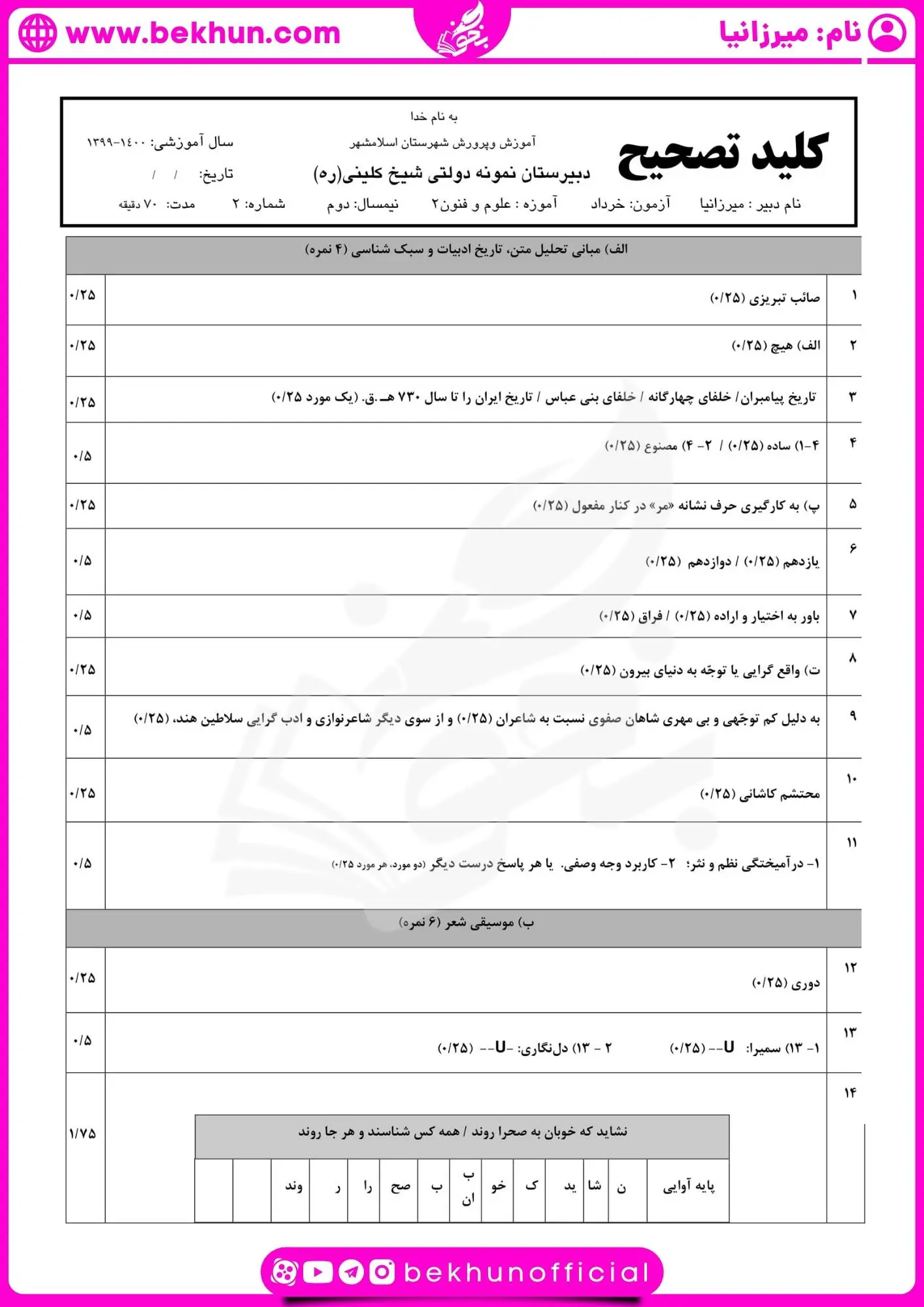 امتحان علوم و فنون یازدهم شهریور با جواب