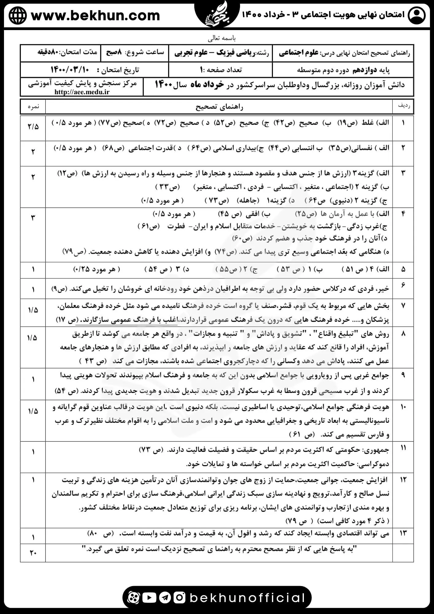 سوالات نهایی هویت دوازدهم خرداد 1400 با جواب