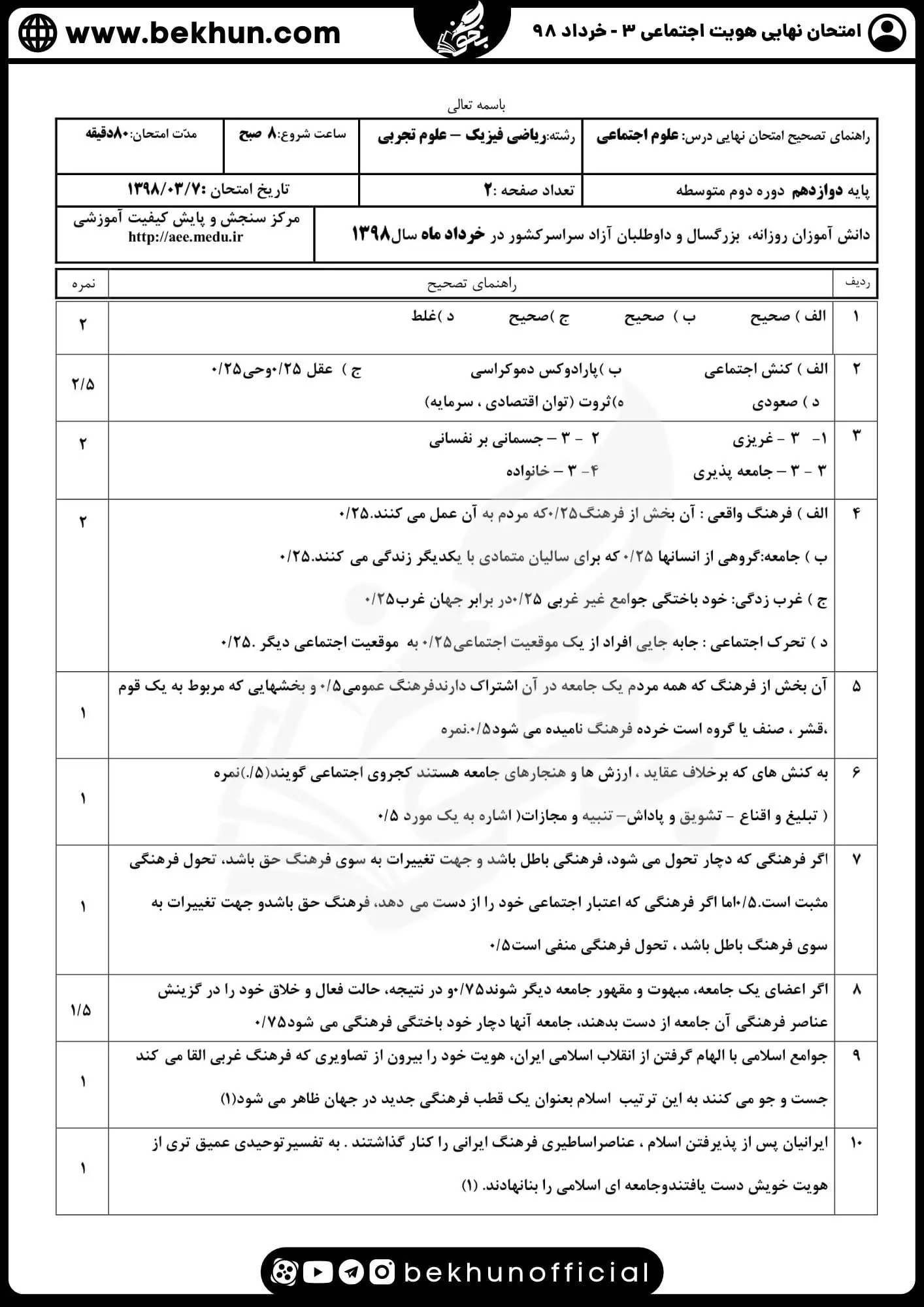 پاسخ نمونه سوالات امتحان نهایی هویت اجتماعی دوازدهم خرداد 98