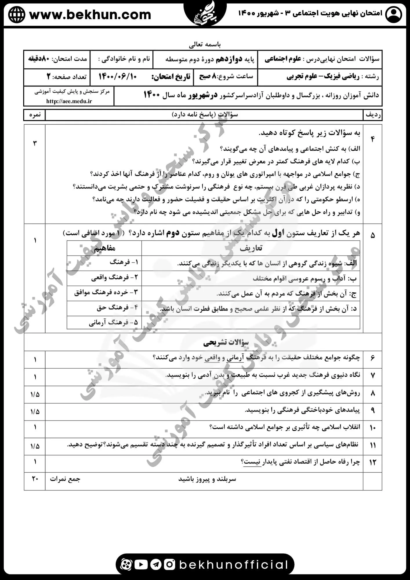جواب سوالات نهایی هویت اجتماعی دوازدهم ۱۴۰۰ شهریور ماه