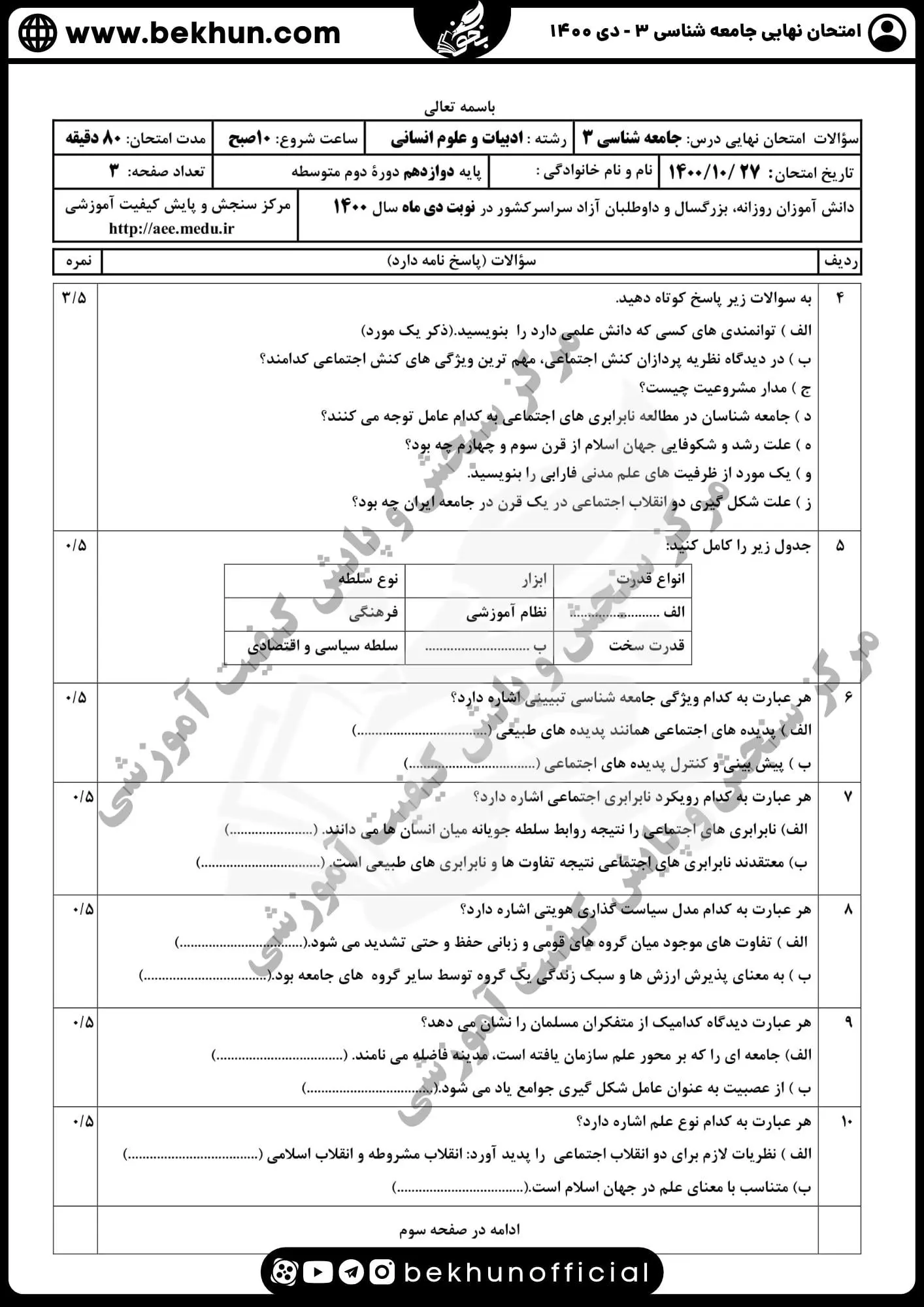 نمونه سوالات نهایی جامعه شناسی دوازدهم انسانی با جواب 106 نمونه سوالات نهایی جامعه شناسی دوازدهم دی ماه 1400 با پاسخ