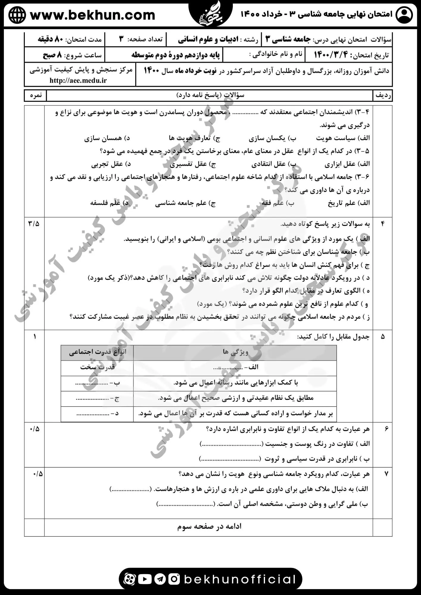 نمونه سوالات نهایی جامعه شناسی دوازدهم انسانی با جواب 96 نمونه سوال نهایی جامعه شناسی دوازدهم انسانی خرداد ۱۴۰۰