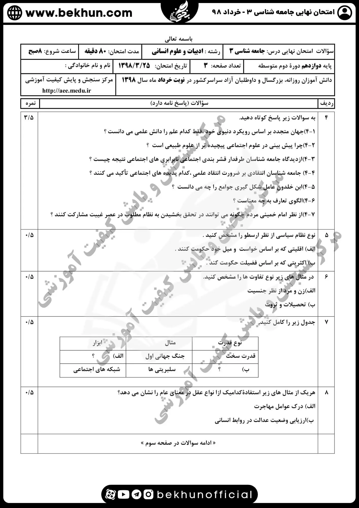 نمونه سوالات نهایی جامعه شناسی دوازدهم انسانی با جواب 125 نمونه سوالات جامعه شناسی دوازدهم انسانی خرداد 98
