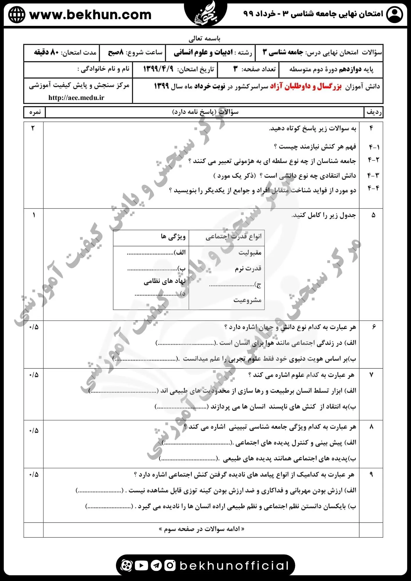 نمونه سوالات نهایی جامعه شناسی دوازدهم انسانی با جواب 111 نمونه سوال امتحان نهایی جامعه شناسی دوازدهم سال ۹۹ خرداد ماه