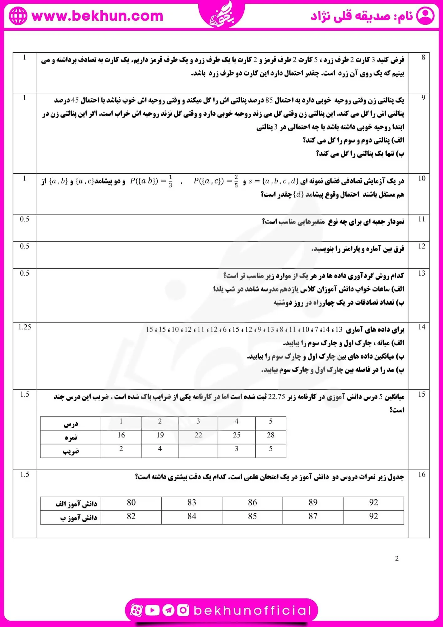 دانلود نمونه سوالات خرداد امار و احتمال یازدهم با جواب