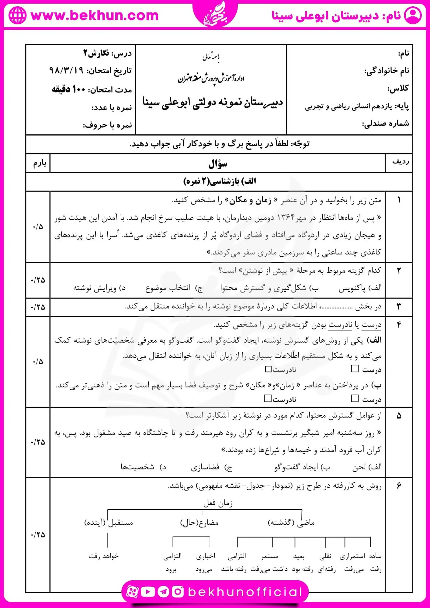 نمونه سوال نگارش یازدهم نوبت دوم