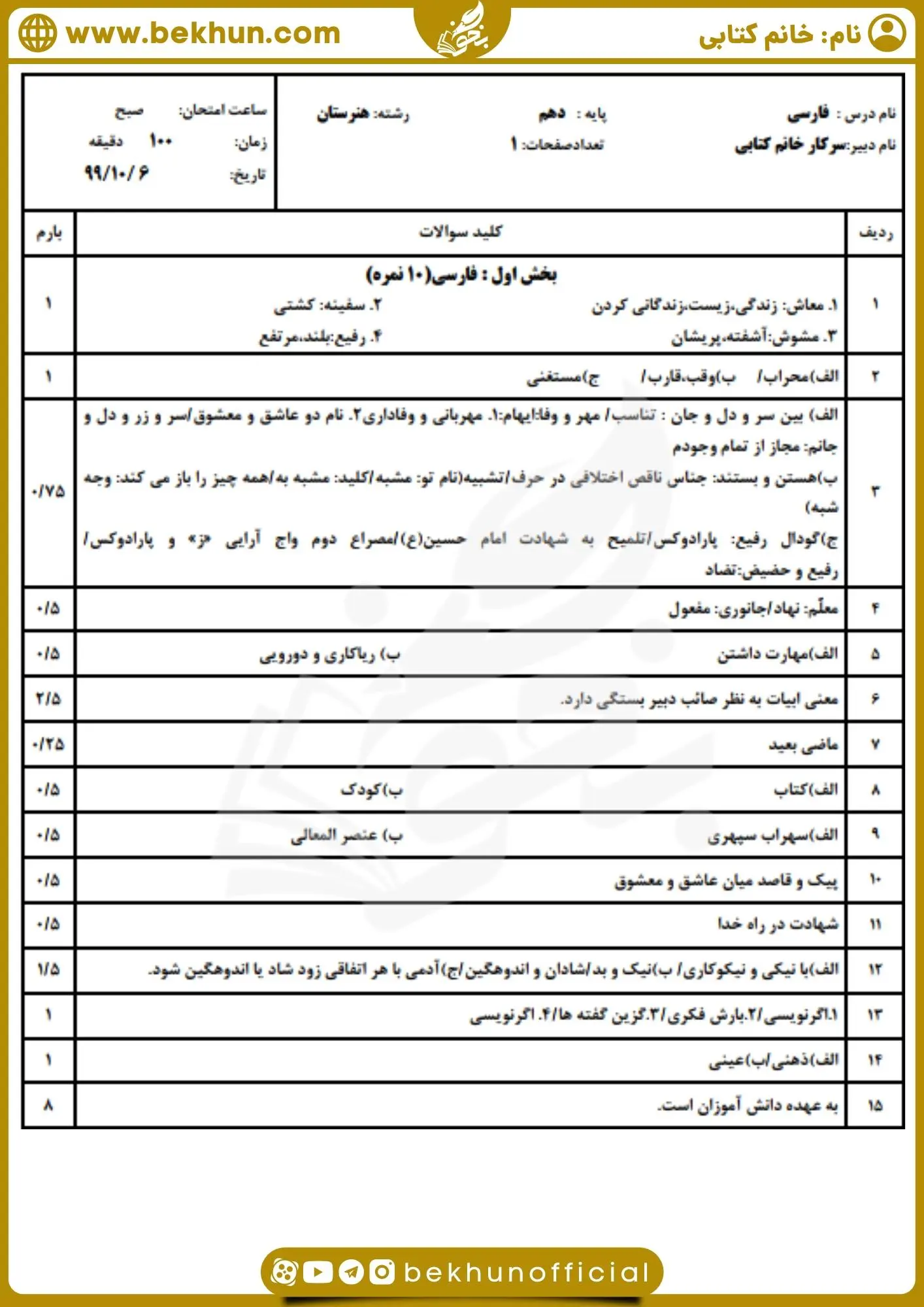 دانلود نمونه سوال نوبت اول فارسی 1 تجربی با جواب