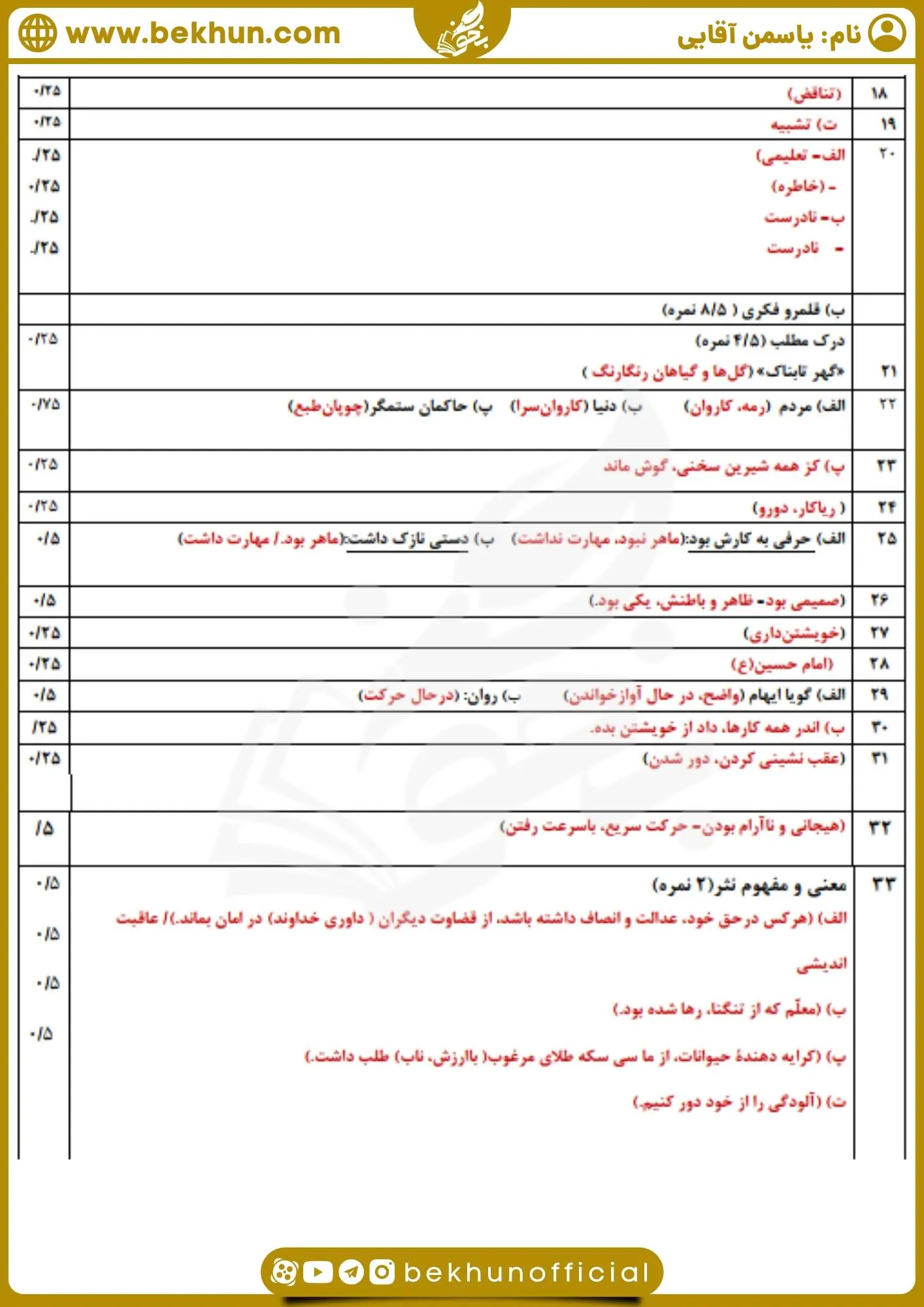 نمونه سوال فارسی دهم با جواب نوبت اول