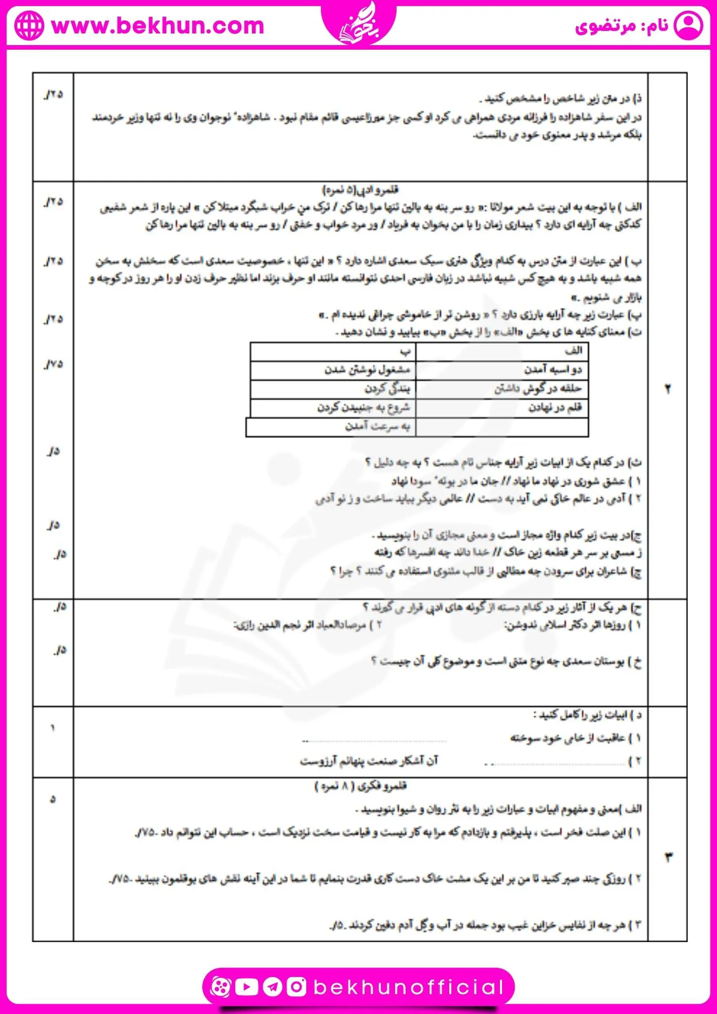 دانلود امتحان ترم اول فارسی یازدهم ریاضی
