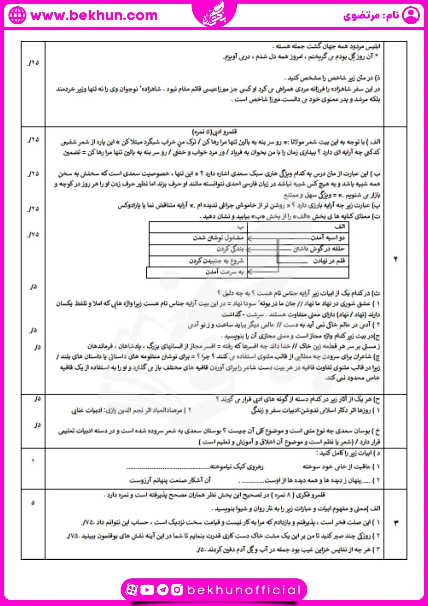 نمونه سوال نوبت اول ادبیات یازدهم ریاضی با جواب