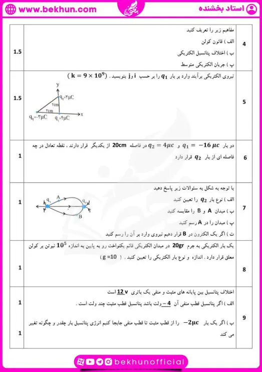 نمونه سوالات نوبت اول فیزیک یازدهم ریاضی با جواب 7 نمونه سوال فیزیک یازدهم ریاضی نوبت اول با جواب