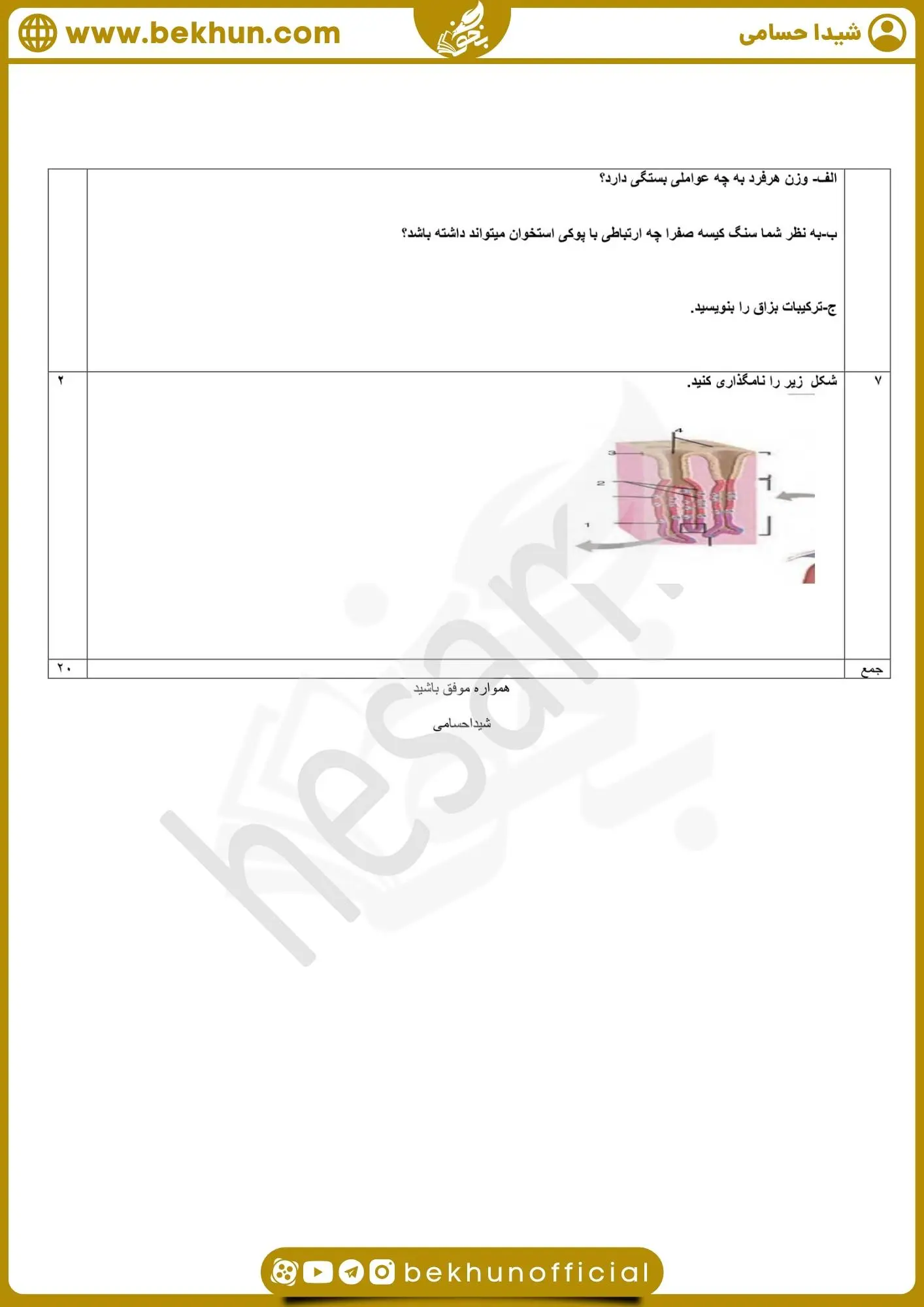 نمونه سوال فصل دو زیست دهم