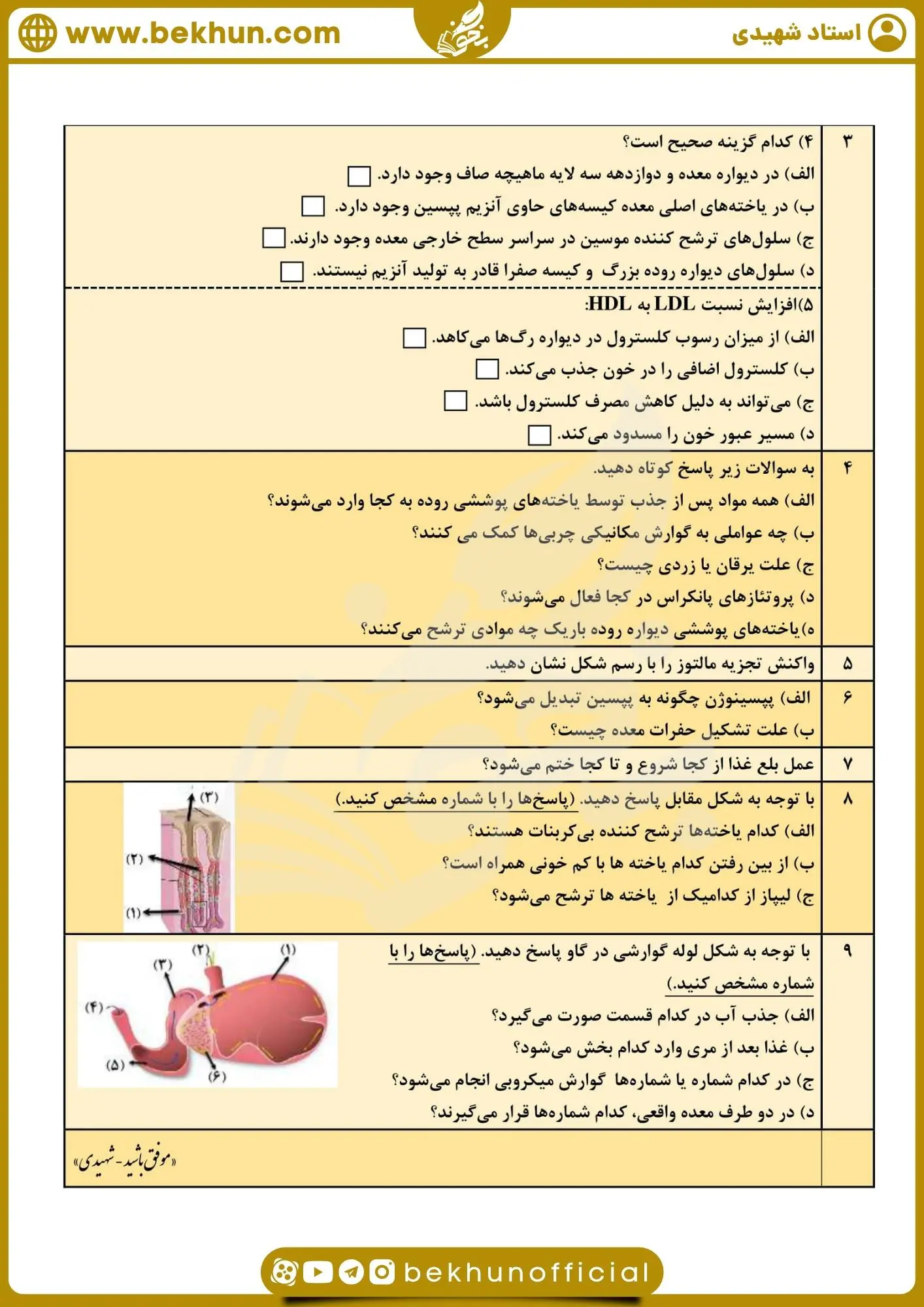 سوالات فصل دوم زیست دهم