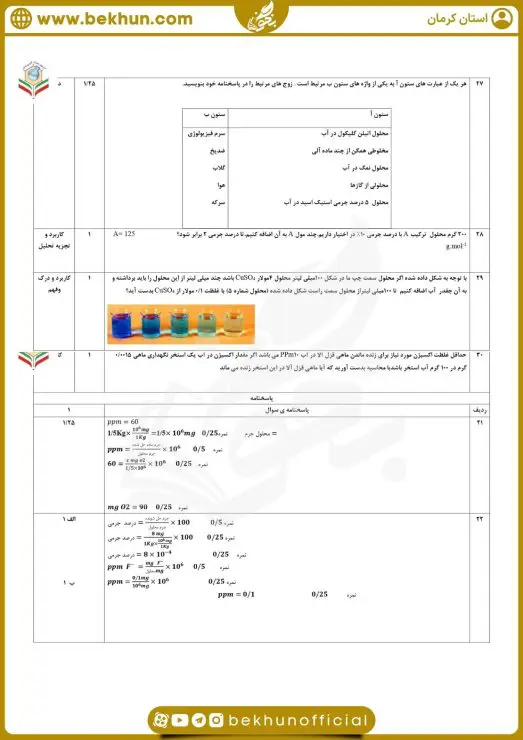 نمونه سوال فصل ۳ شیمی دهم با جواب 6 نمونه سوال فصل سه شیمی دهم با جواب