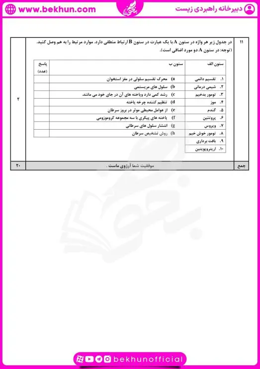 نمونه سوال فصل ۶ زیست یازدهم با جواب 9 نمونه سوال زیست فصل 6 یازدهم