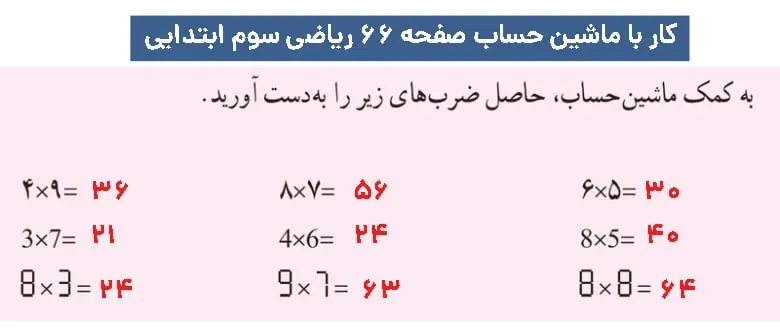کار با ماشین حساب صفحه ۶۶ ریاضی سوم 
