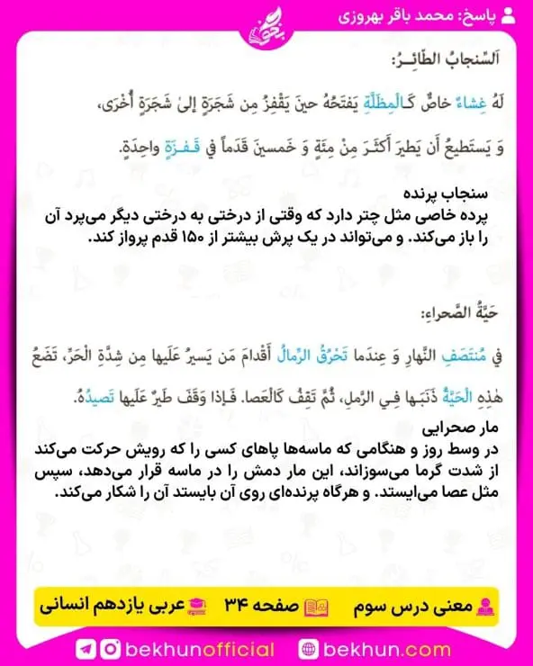 ترجمه عربی یازدهم انسانی 34 معنی صفحه 34 عربی یازدهم انسانی